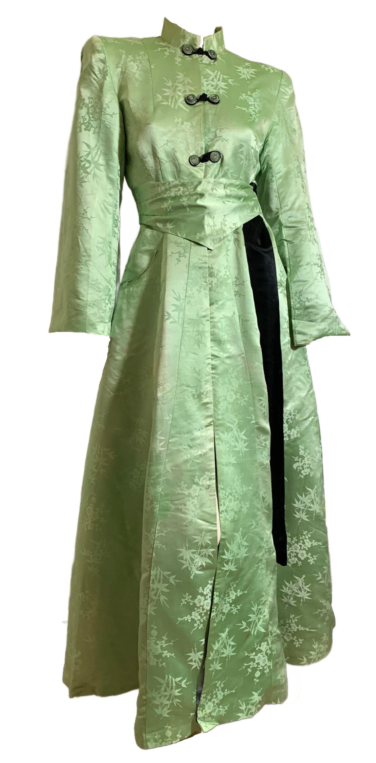 Seafoam Chinese Silk and Black Silk Charmeuse Bell Sleeve Dressing Gown Robe circa 1940s