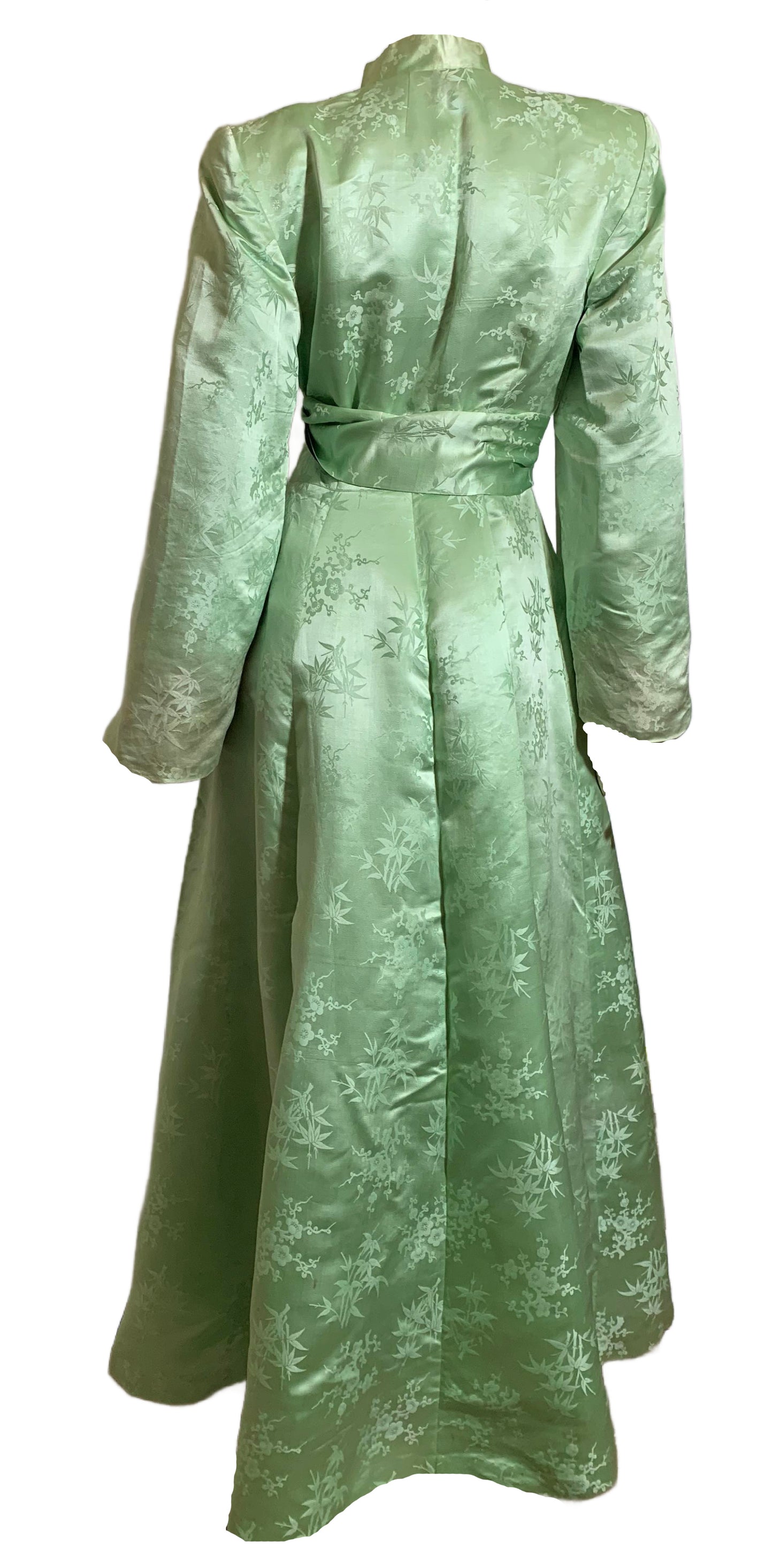 Seafoam Chinese Silk and Black Silk Charmeuse Bell Sleeve Dressing Gown Robe circa 1940s
