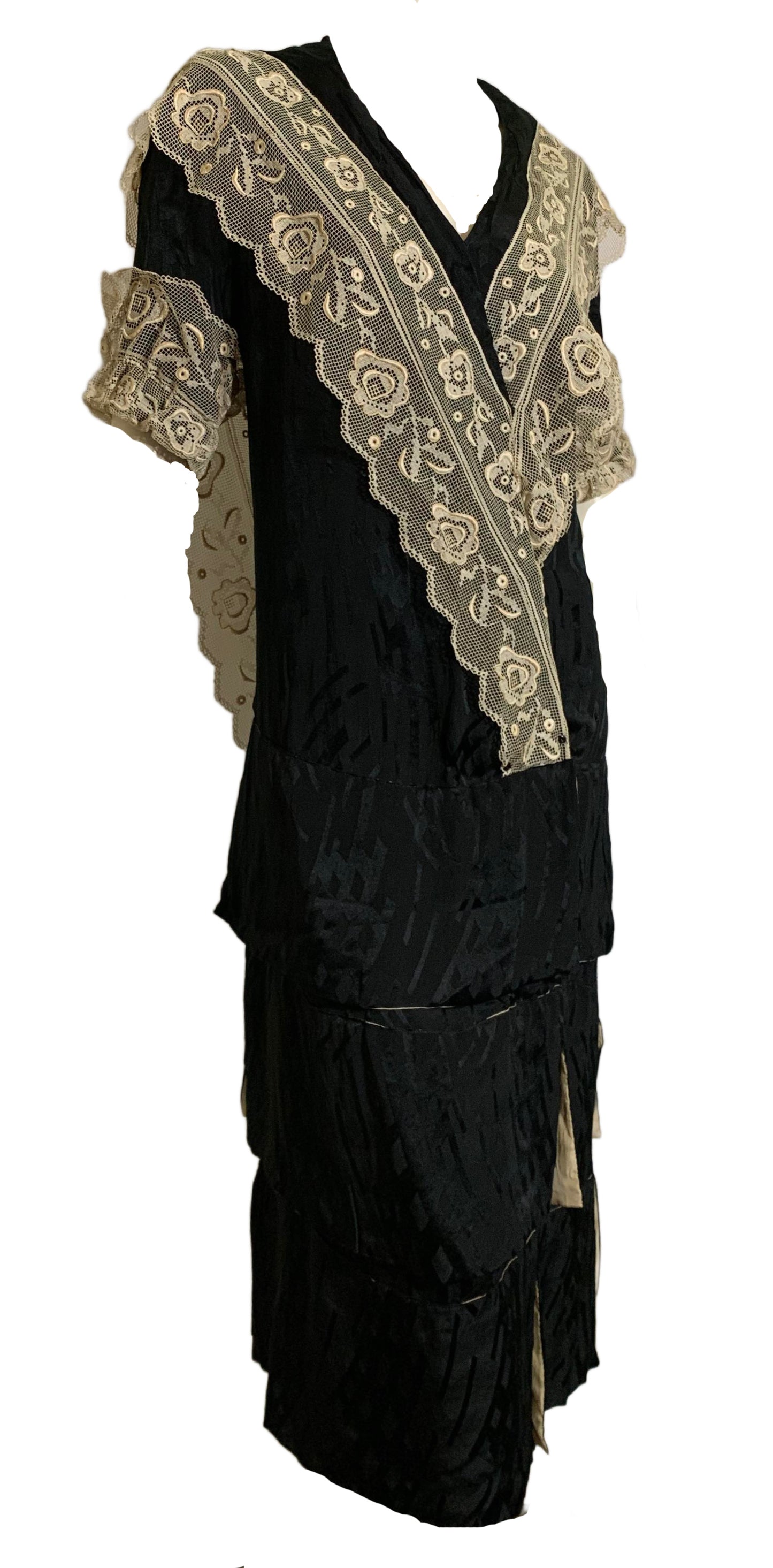 Black Silk Dropped Waist Dress with Wide Lace Trim circa 1920s