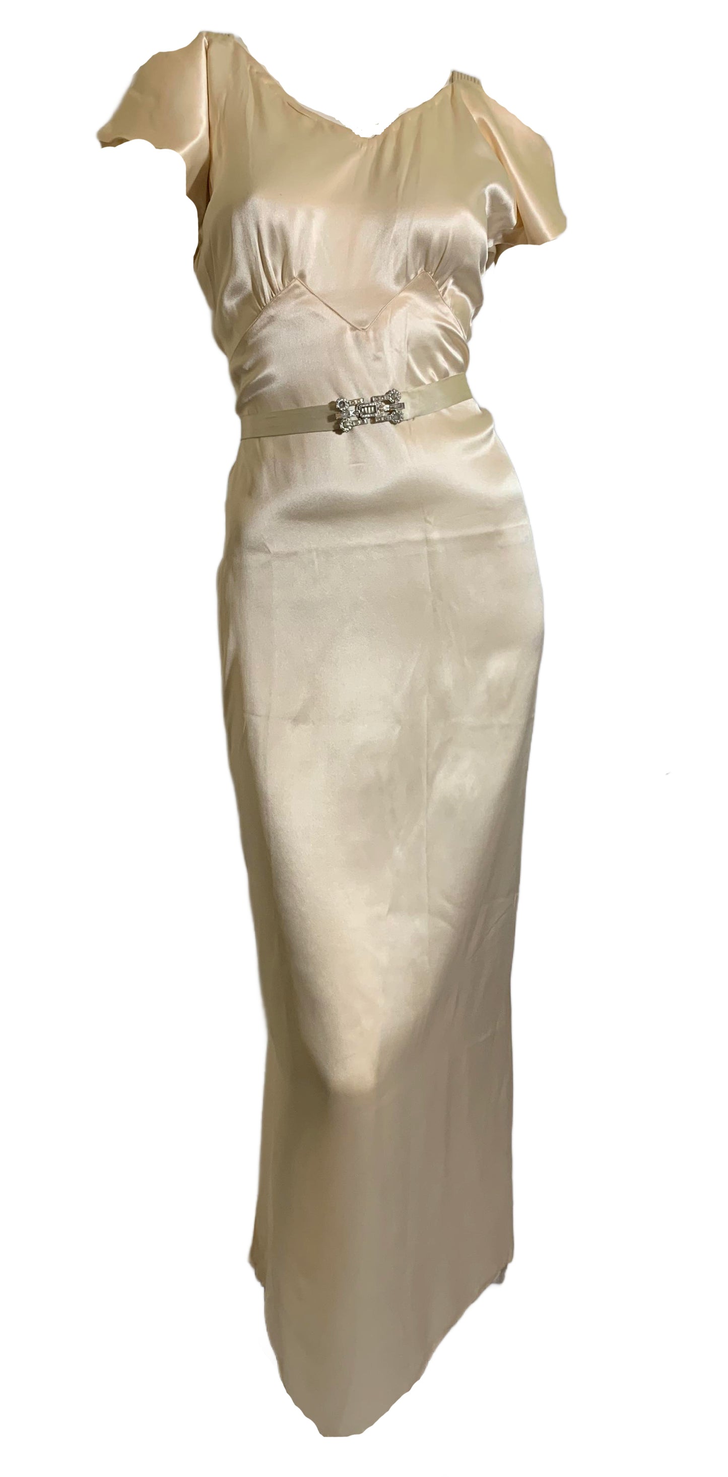 Art Deco Ivory Silk Wedding Dress with Long Train Jacket and Rhinestone Belt circa 1930s