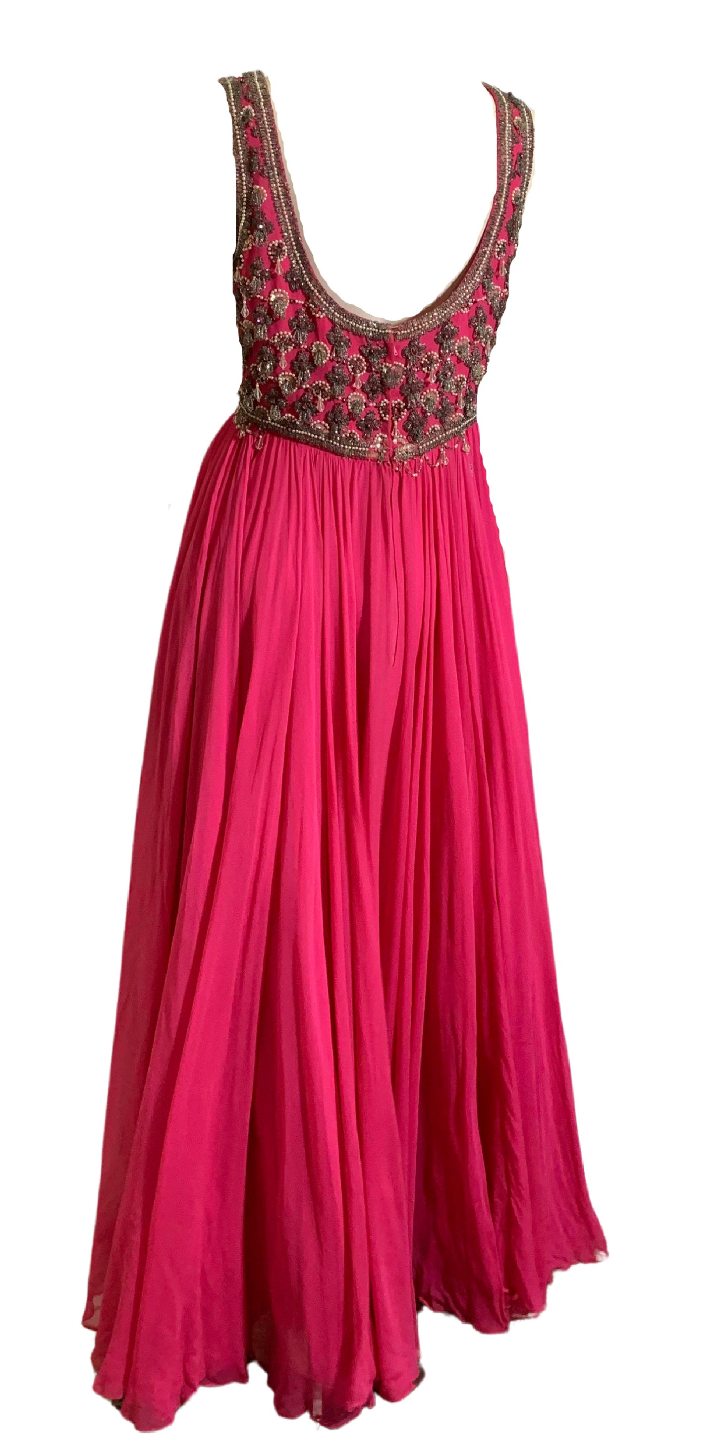 Shocking Pink Empire Waist Beaded Silk Chiffon Dress circa 1960s