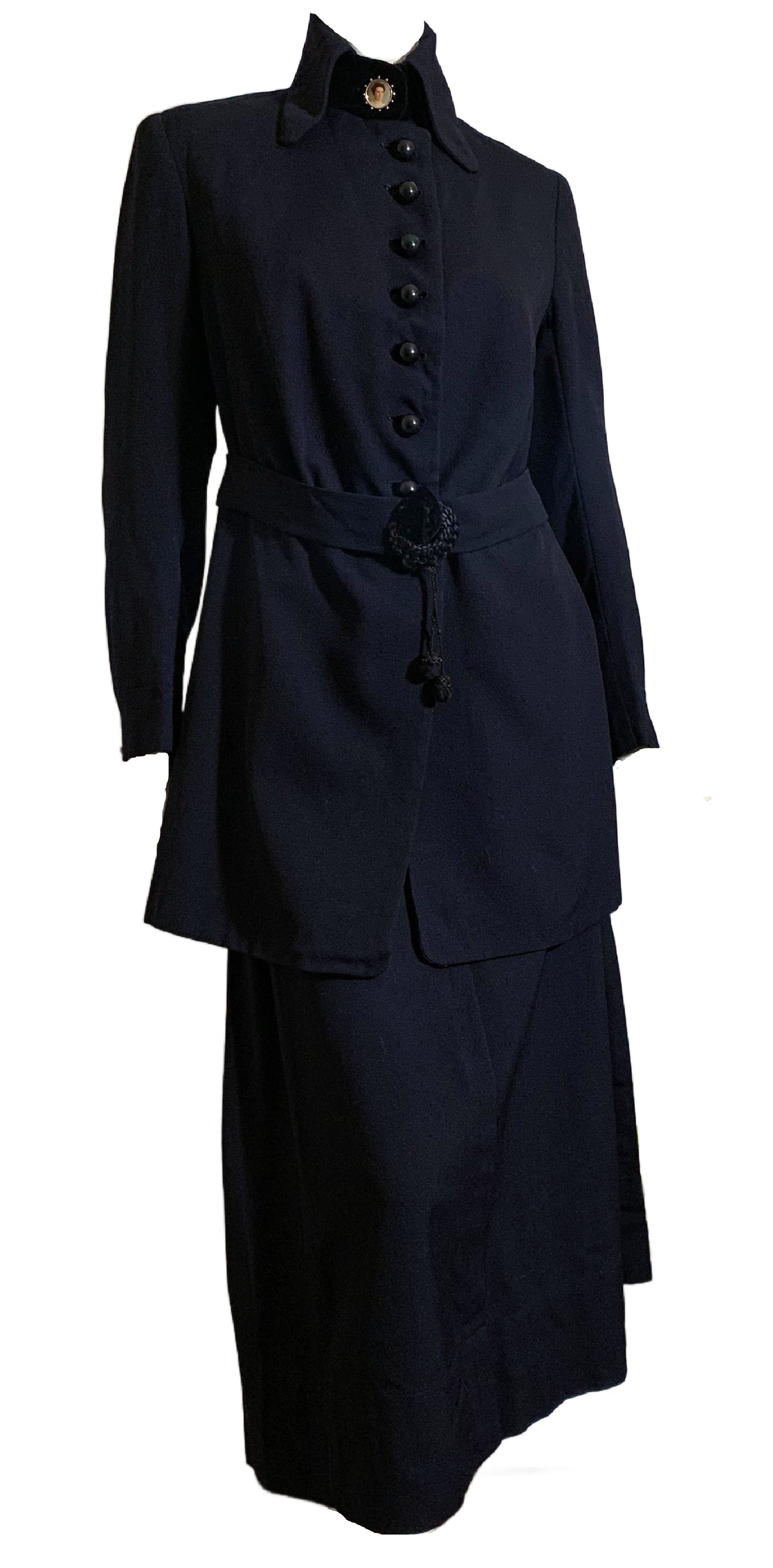 Votes for Women! Deep Blue Wool 2 Pc Walking Suit Dress with Velvet and Silk Accents circa 1910s