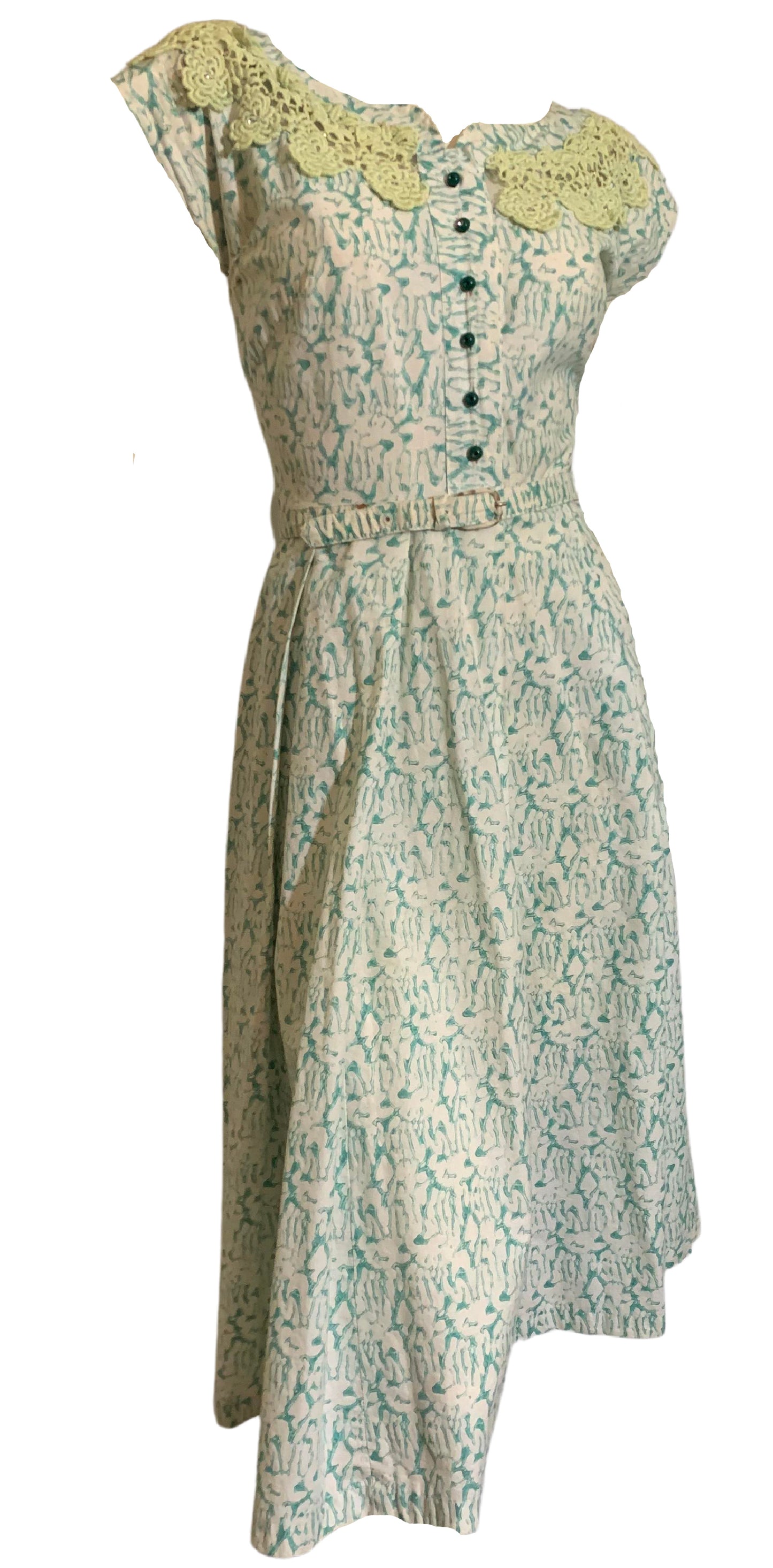 Aqua and Green Abstract Print Lace and Rhinestone Trimmed Dress circa 1950s