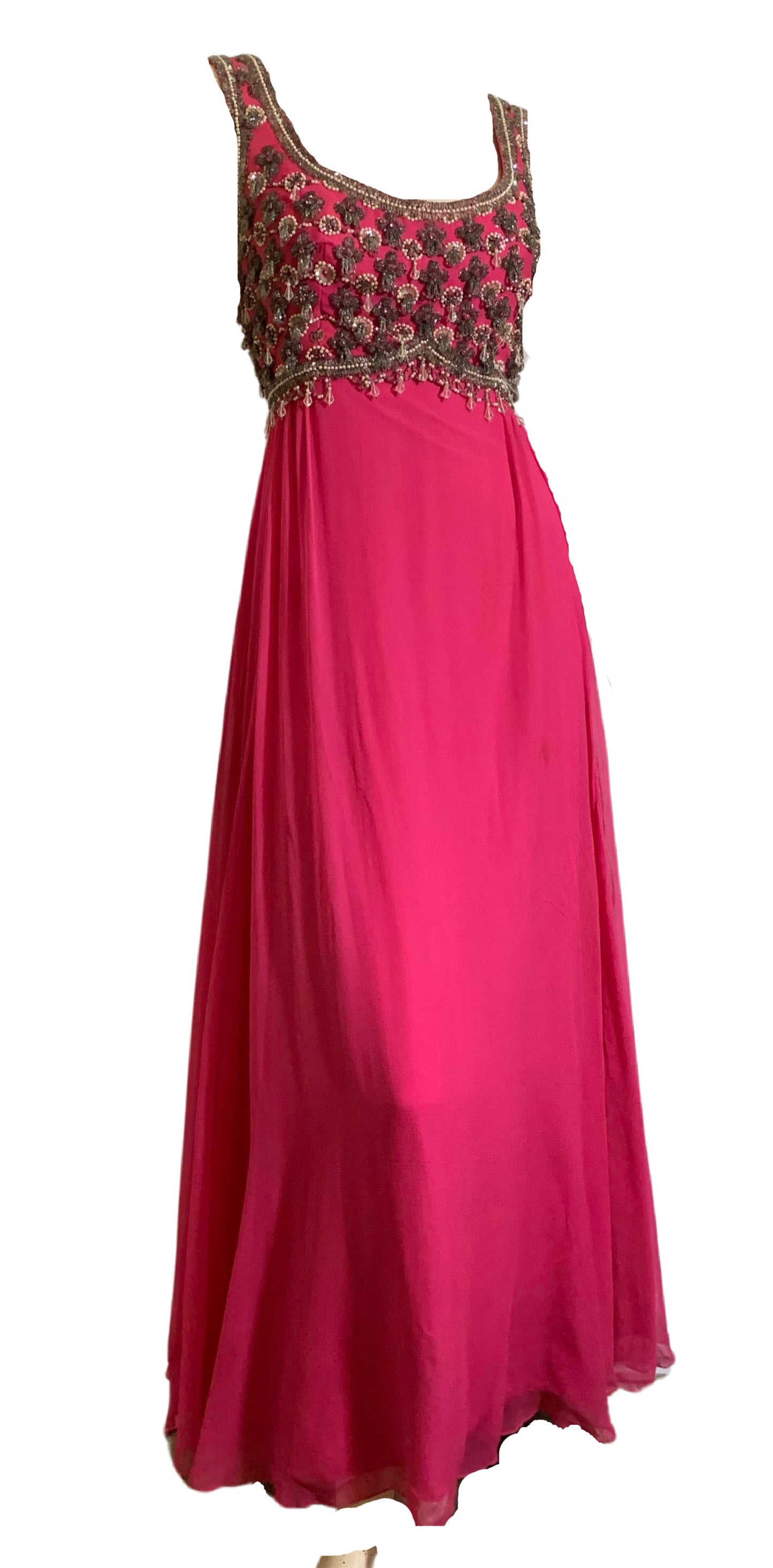 Shocking Pink Empire Waist Beaded Silk Chiffon Dress circa 1960s