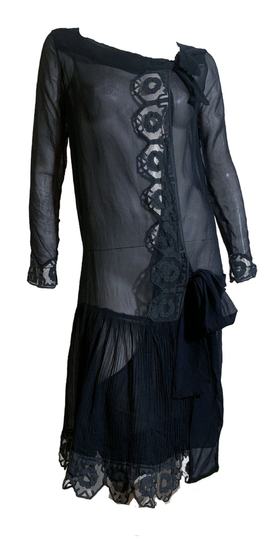 Deep Blue Sheer Silk Dropped Waist Dress with Pleated Lace Trim circa 1920s