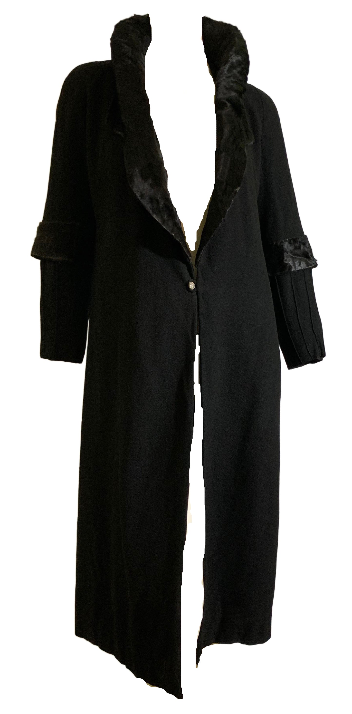 Glamorous Black Silk Coat with Sculpted Black Fur Stand Up Collar and Trim circa 1920s