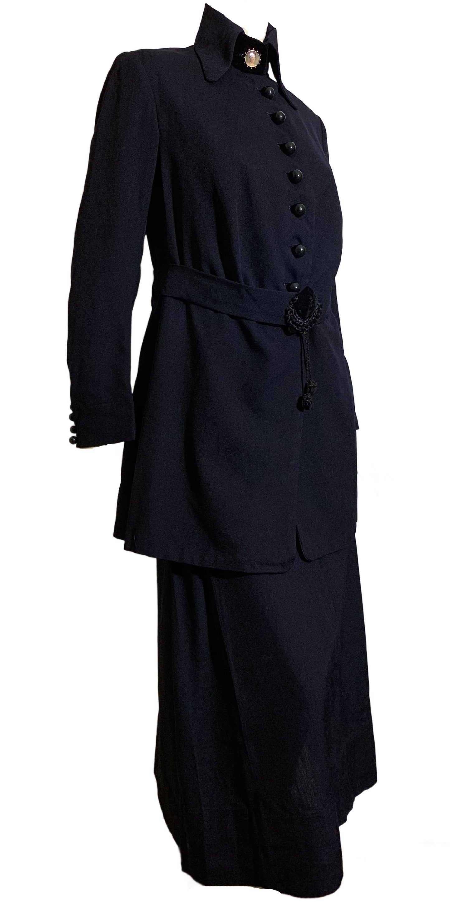 Votes for Women! Deep Blue Wool 2 Pc Walking Suit Dress with Velvet and Silk Accents circa 1910s