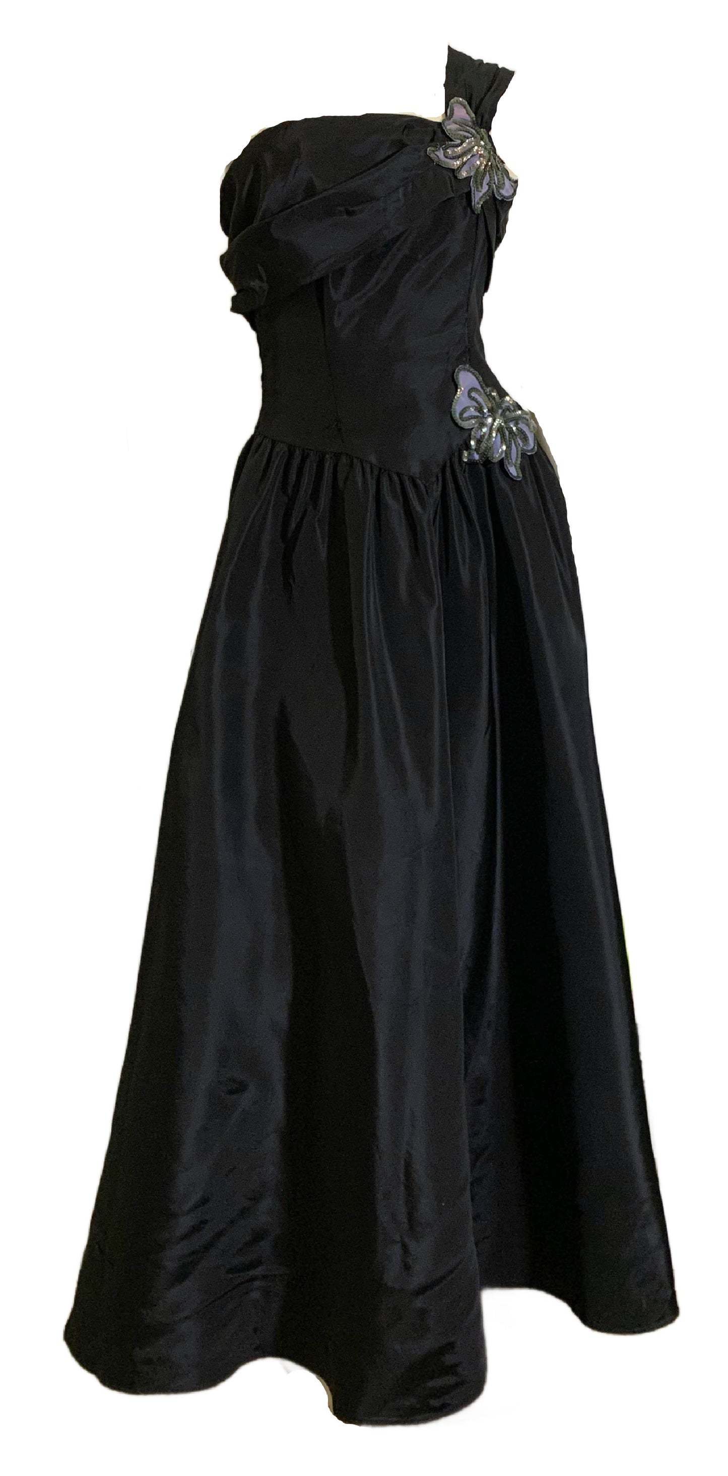 One Shoulder Black Taffeta Dress with Pale Blue Sequined Butterflies and Bow Back circa 1940s