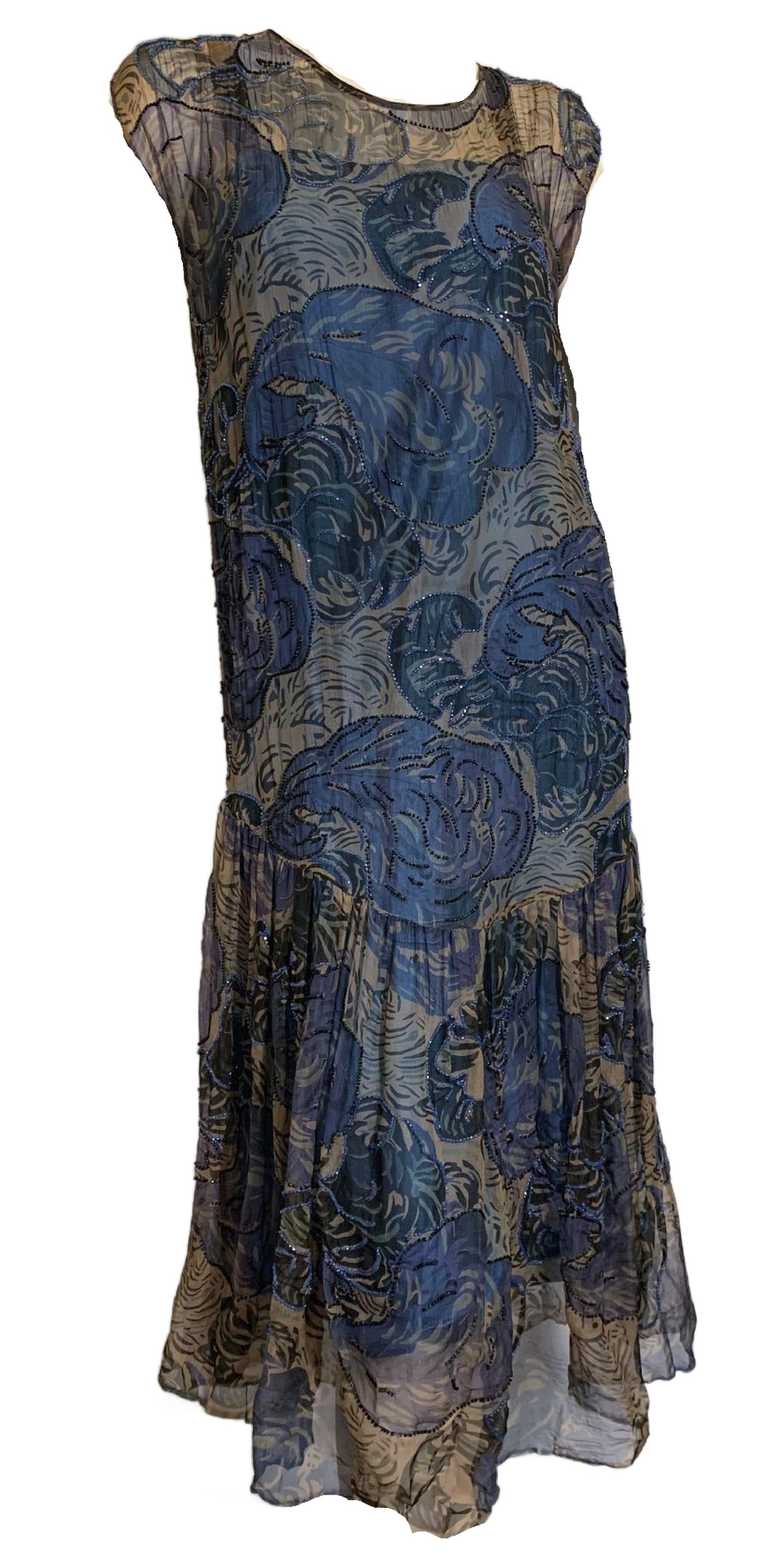 Vivid Blue Feather Plume Print Beaded Silk Chiffon Dropped Waist Dress circa 1920s