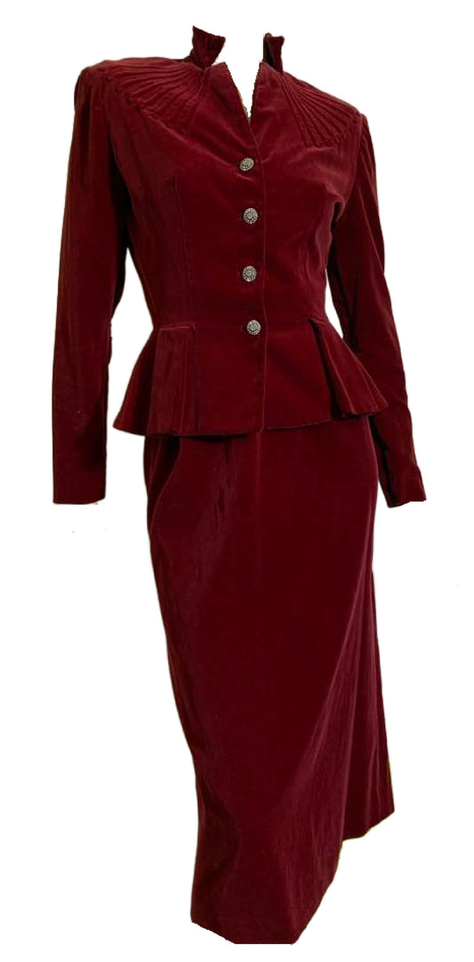 Plum Red Velvet Nipped Waist Suit with Trapunto Detailed Shoulders circa 1940s