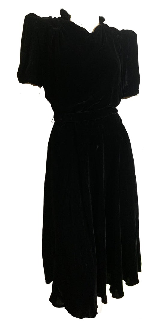 Black Silk Velvet Puff Sleeve Dress circa 1940s