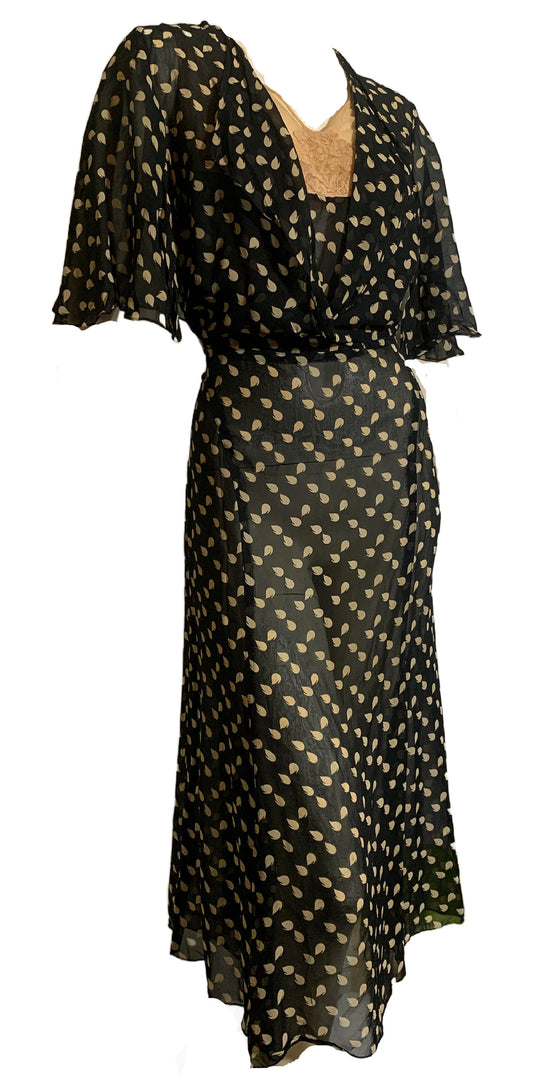 Comma Print Blue Silk Chiffon Caped Dress circa 1930s