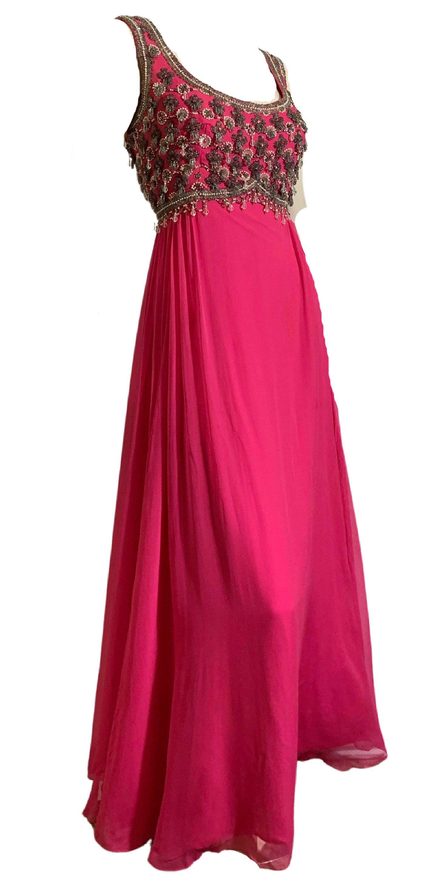 Shocking Pink Empire Waist Beaded Silk Chiffon Dress circa 1960s