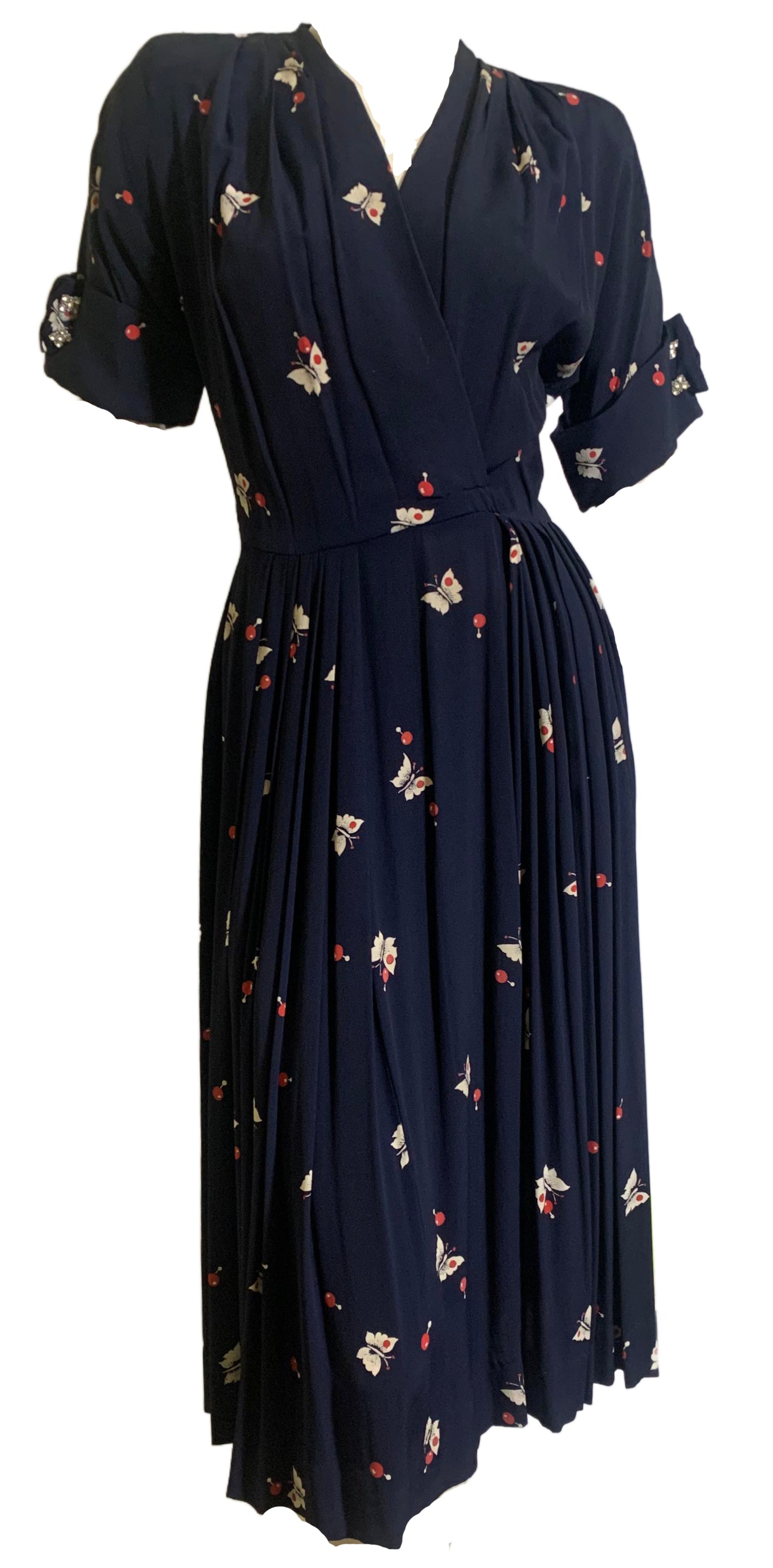 Currants and Butterflies! Deep Blue Rayon Surplice Bodice Dress circa 1940s