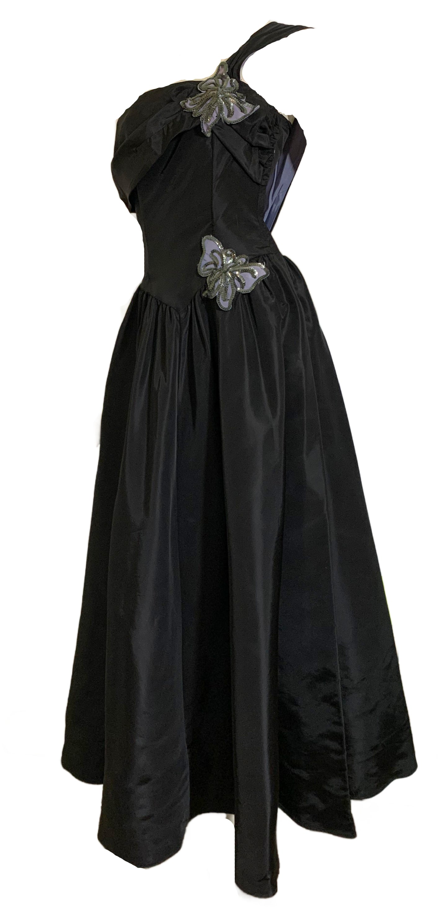 One Shoulder Black Taffeta Dress with Pale Blue Sequined Butterflies and Bow Back circa 1940s