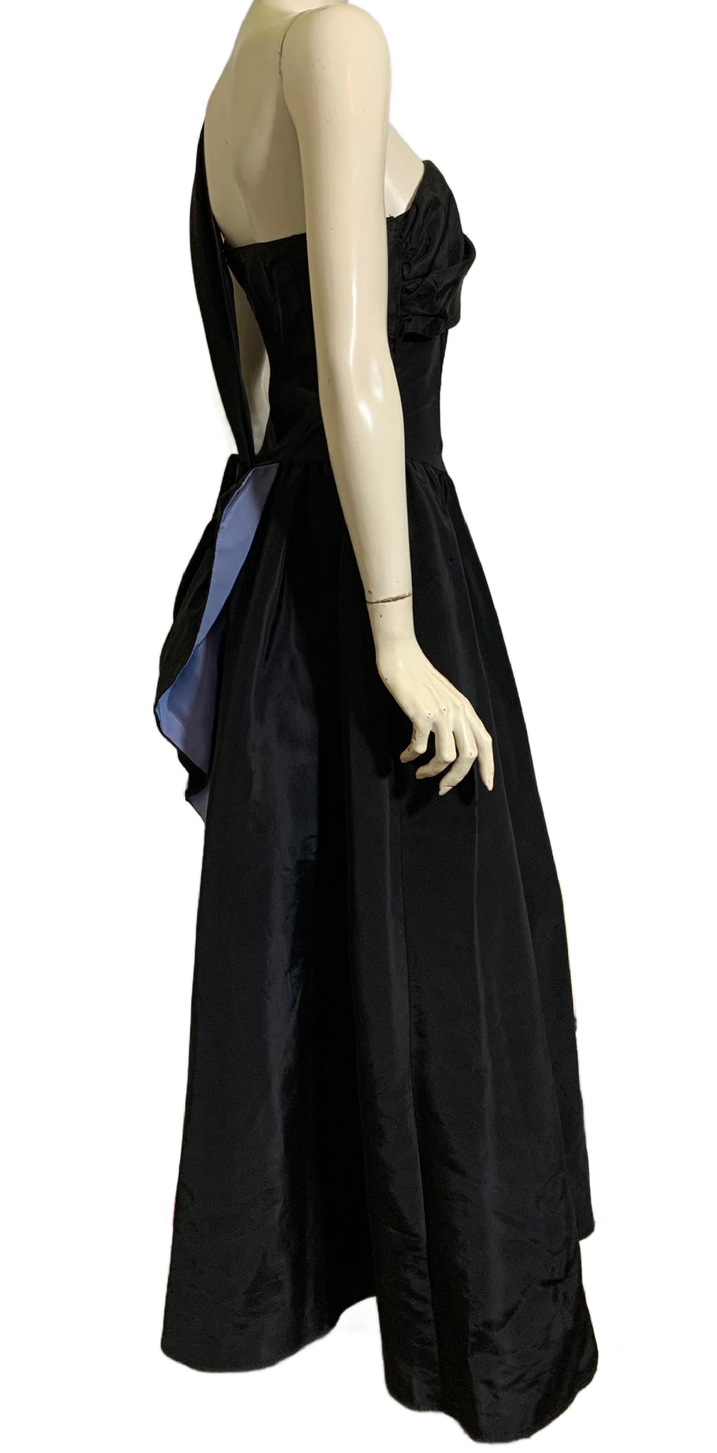 One Shoulder Black Taffeta Dress with Pale Blue Sequined Butterflies and Bow Back circa 1940s