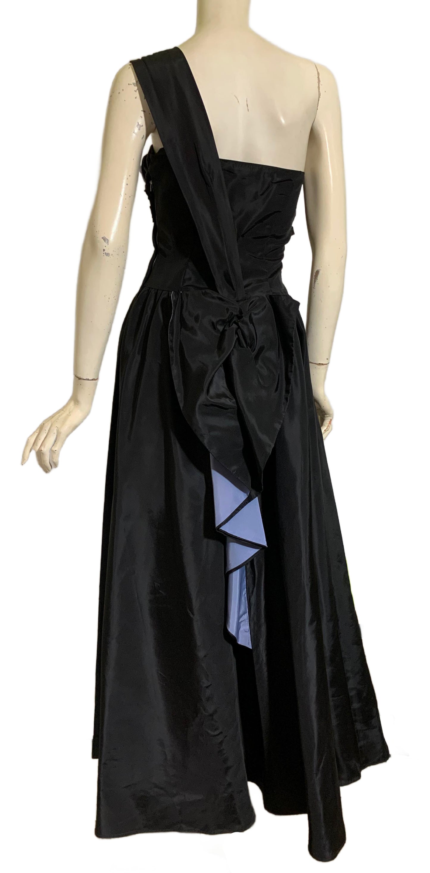 One Shoulder Black Taffeta Dress with Pale Blue Sequined Butterflies and Bow Back circa 1940s