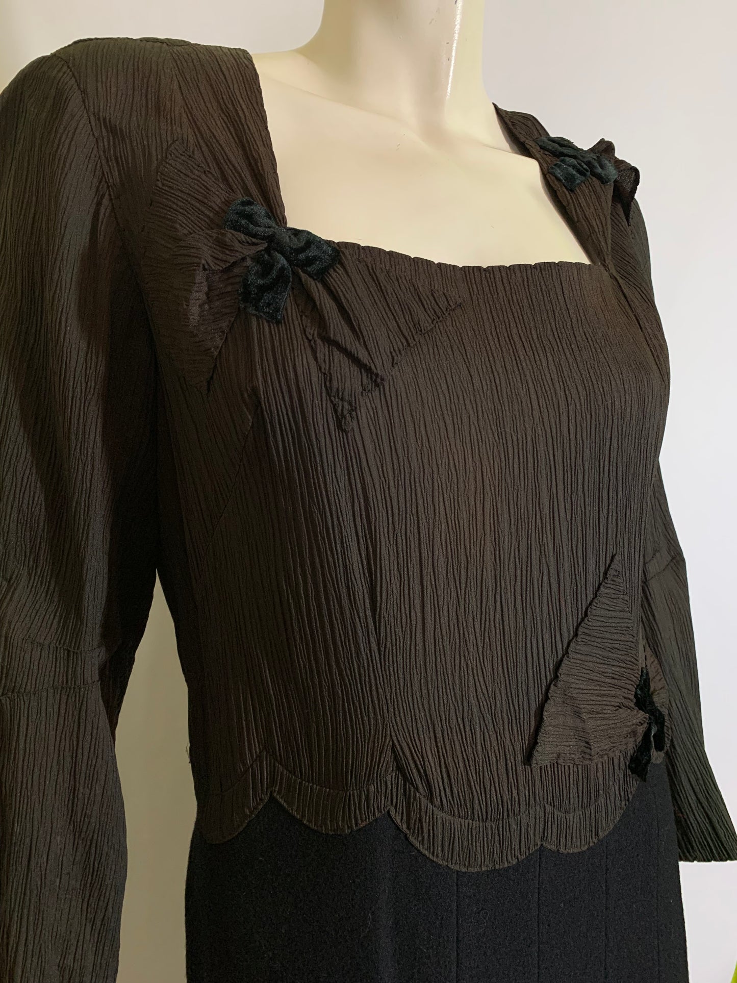 Crinkle Silk and Wool Black and Grey Dress with Velvet Accents circa 1920s