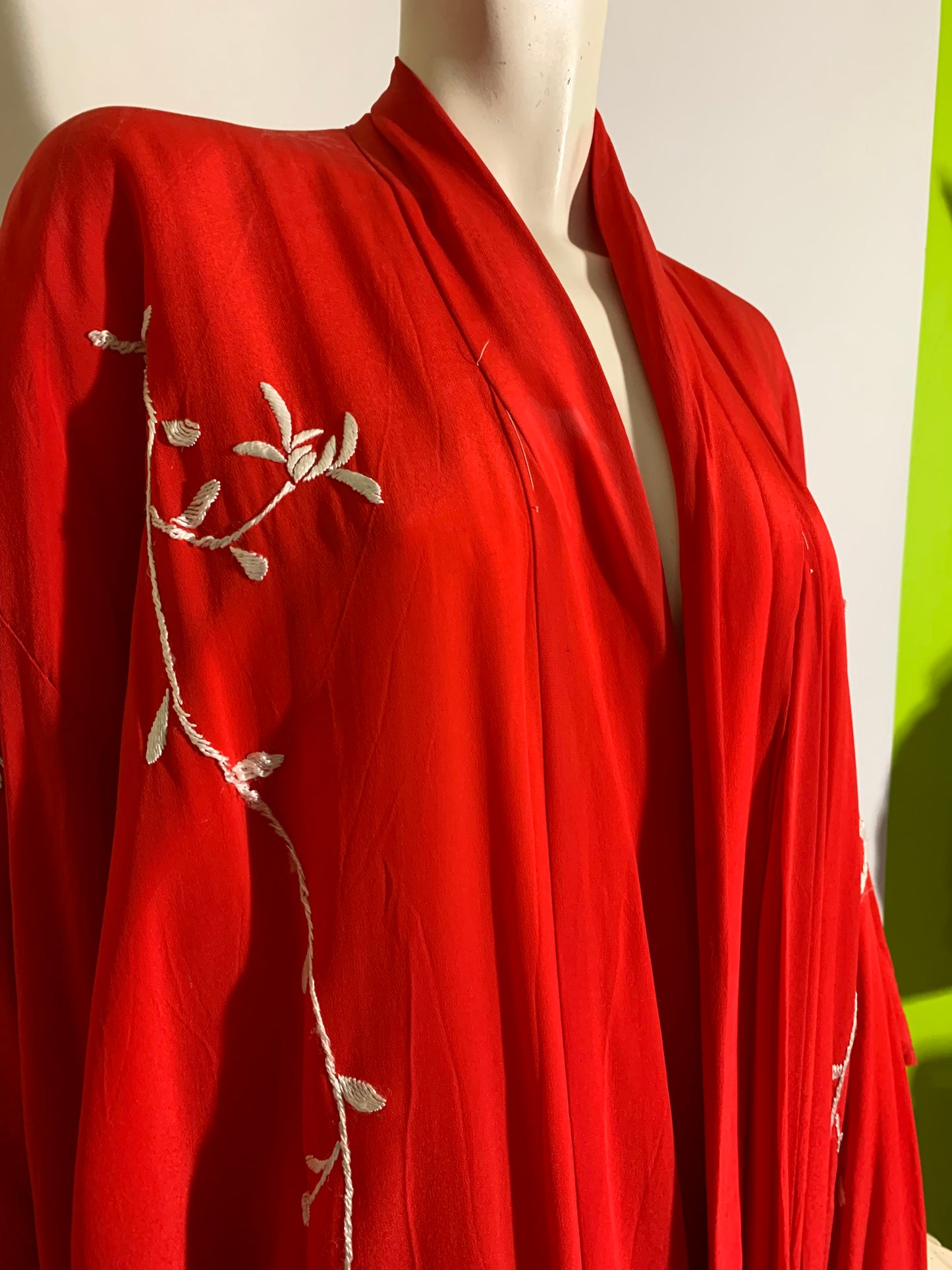 Red Rayon Kimono with White Flowers and Birds Embroidery circa 1970s