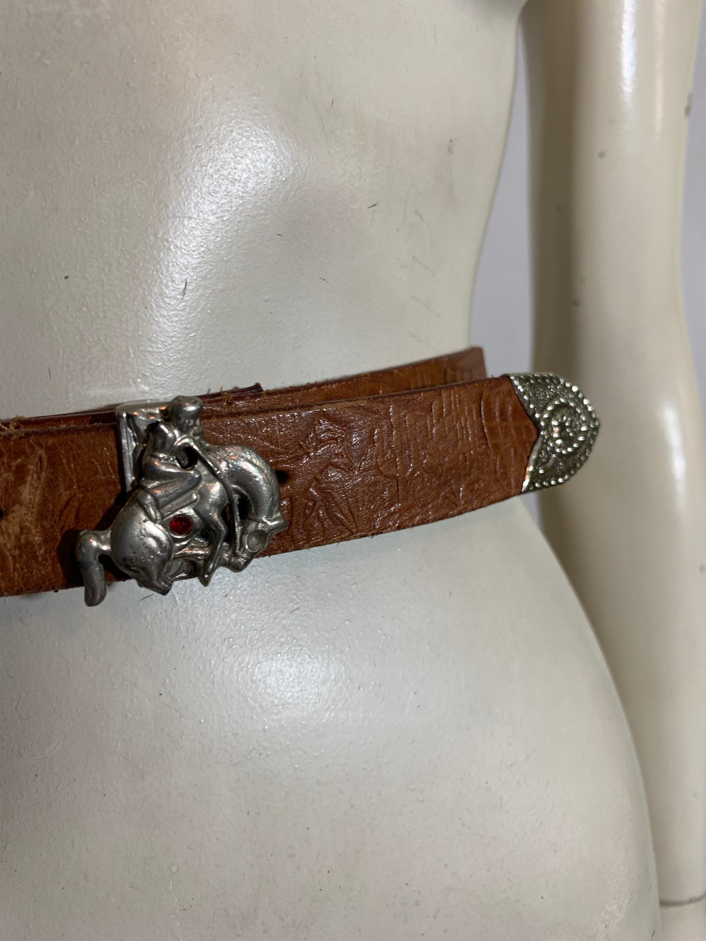 Iconic Tooled Western Leather Belt with Red Rhinestone on Cowboy with Horse circa 1950s