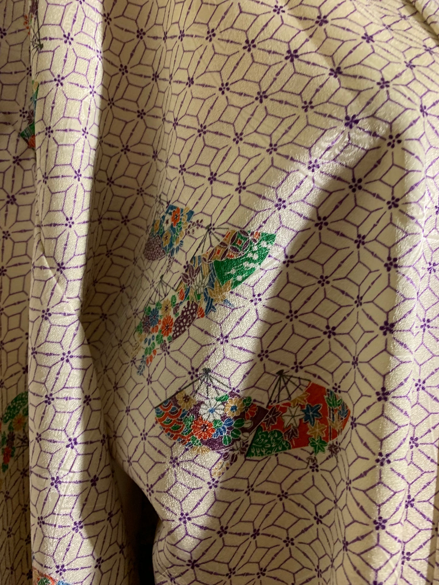 Parasol Print Pastel Super Long Kimono Pink Dyed Lining Edges circa 1970s