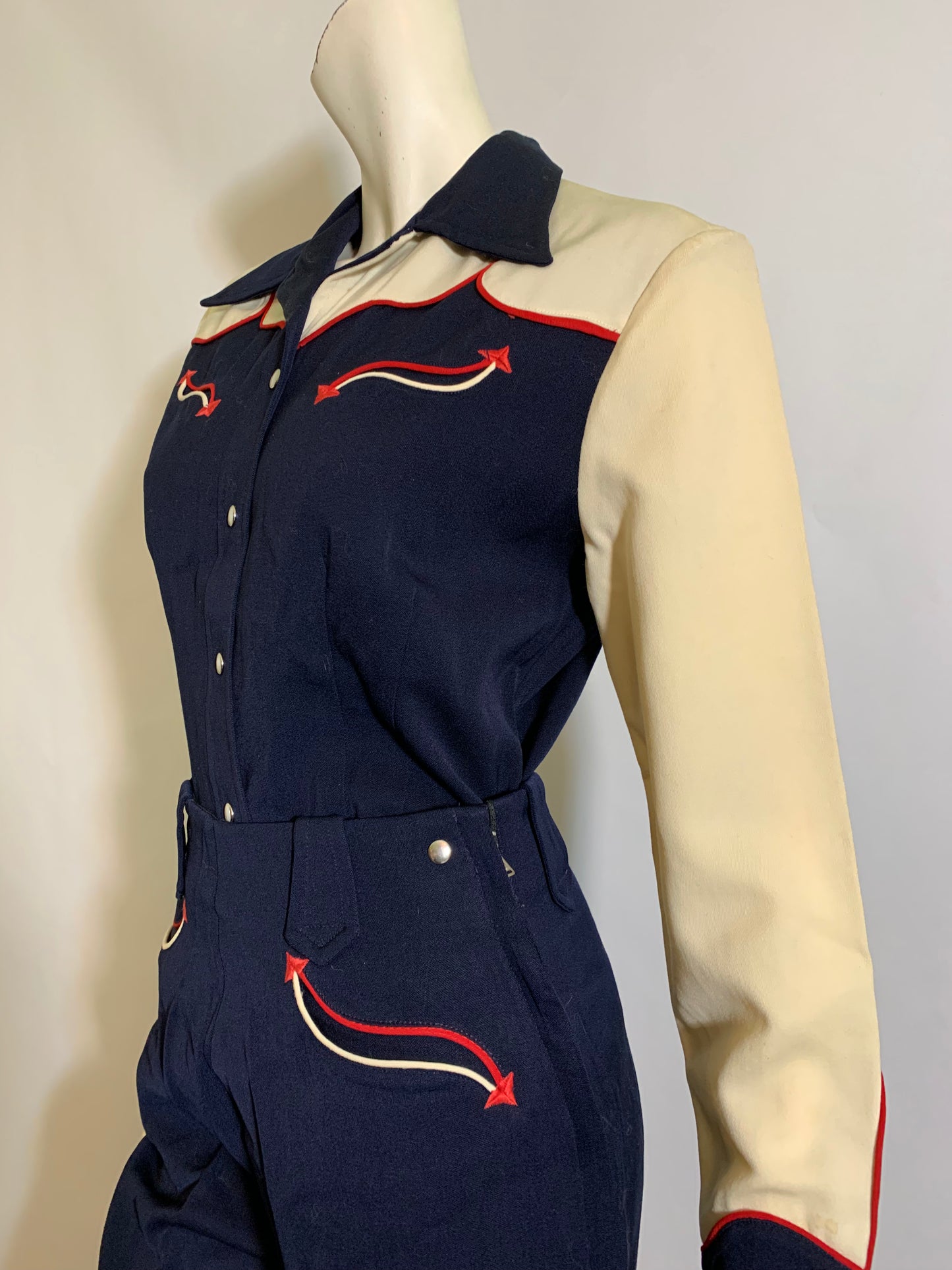 Iconic Deep Blue Gabardine Western 2 Pc Set with Red and Off White Accents circa 1940s