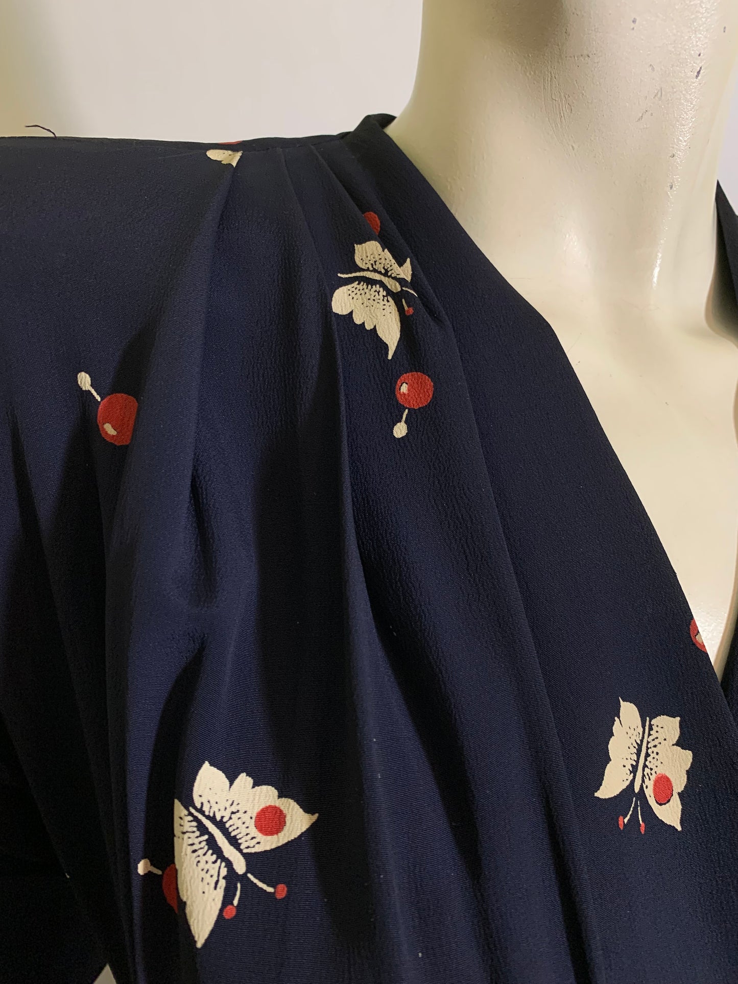 Currants and Butterflies! Deep Blue Rayon Surplice Bodice Dress circa 1940s