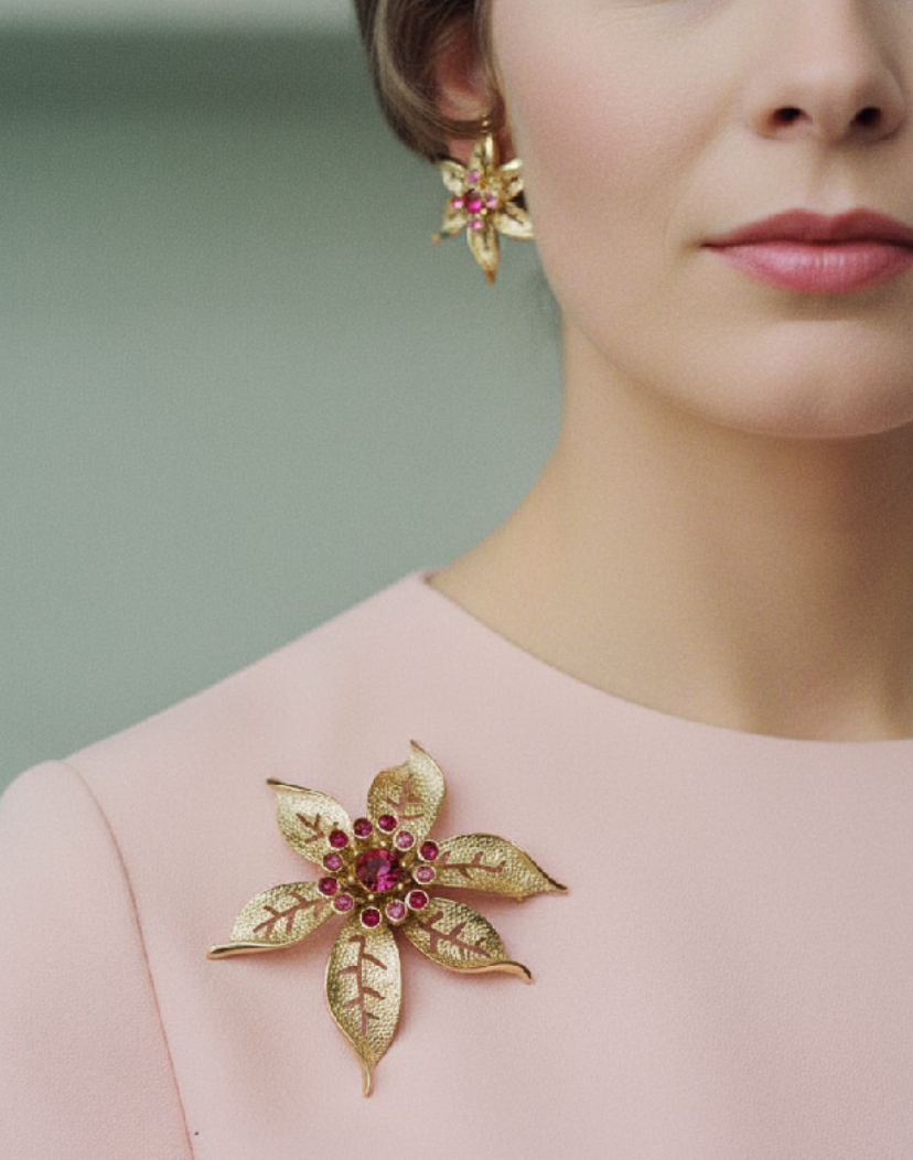 Bright Pink and Gold Flower Brooch and Clip Earrings circa 1960s