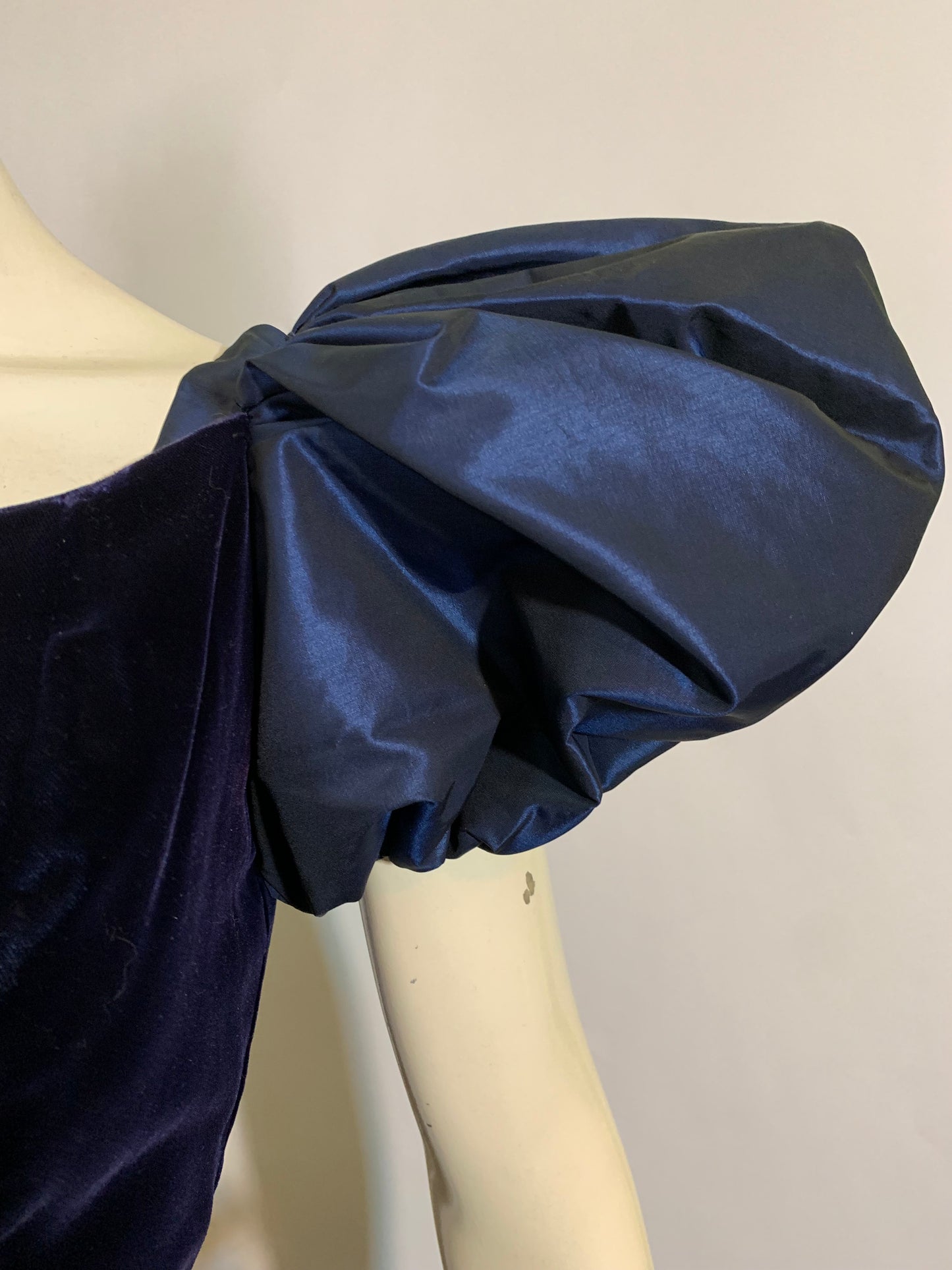 Deep Blue Changeable Taffeta and Velvet Puff Sleeve Dress circa 1980s