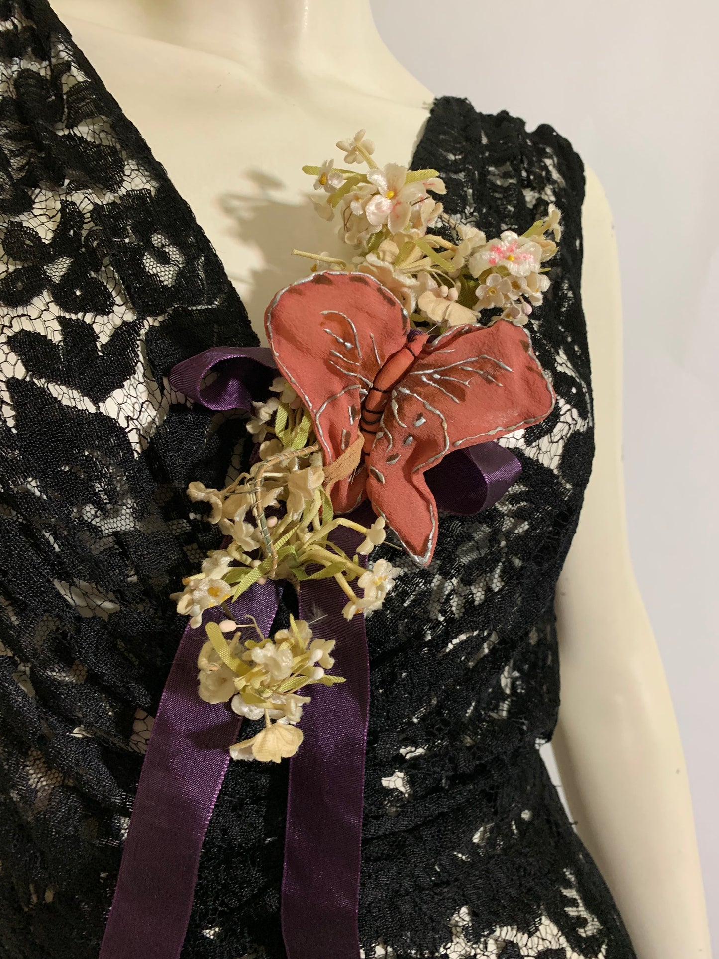 Sultry Black Lace Full Length Evening Dress with Silk Flowers, Butterfly and Ribbon circa 1930s