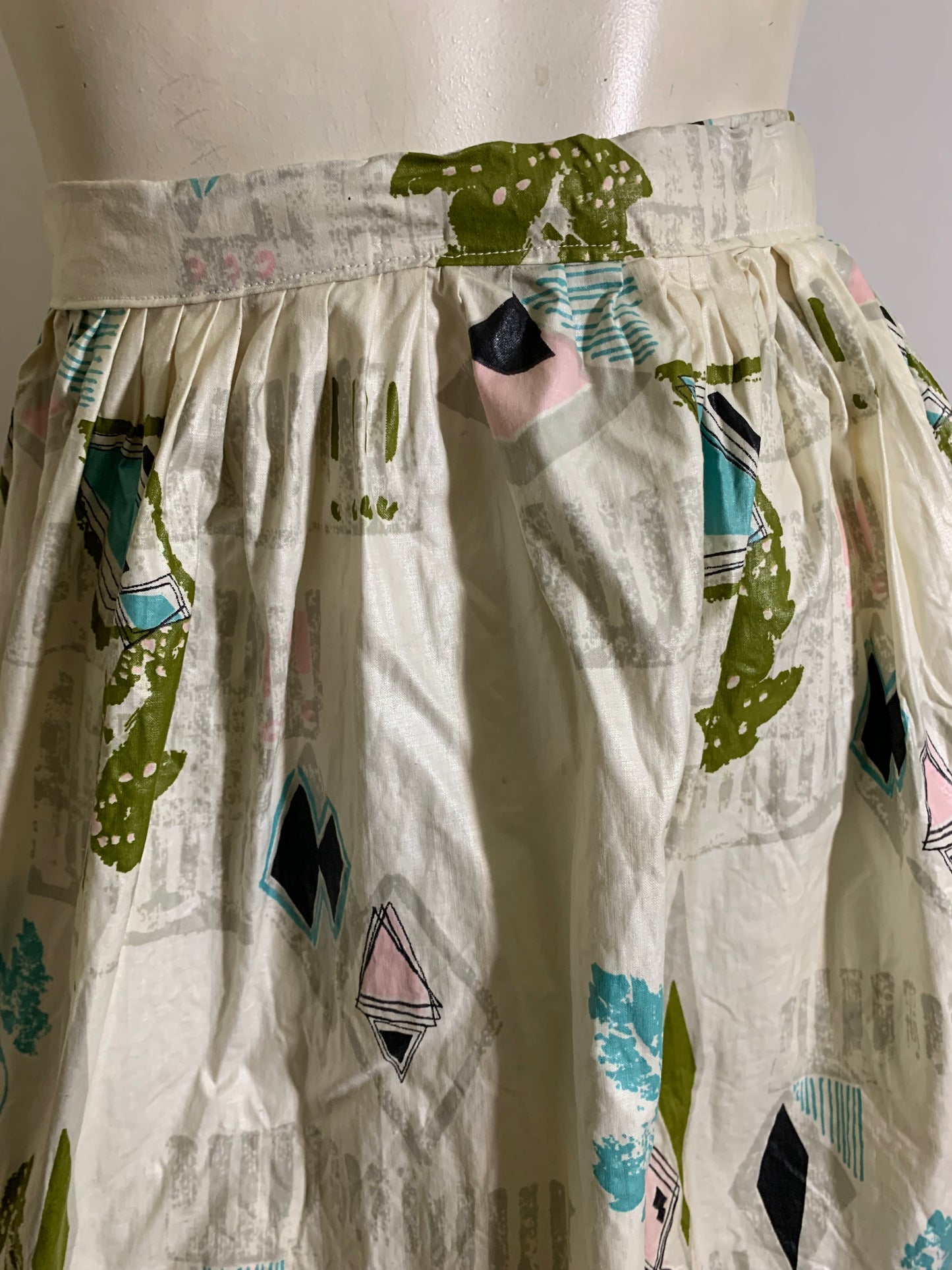 Pink, Aqua and White Atomic Print Kandell Glazed Chintz Full Skirt circa 1950s