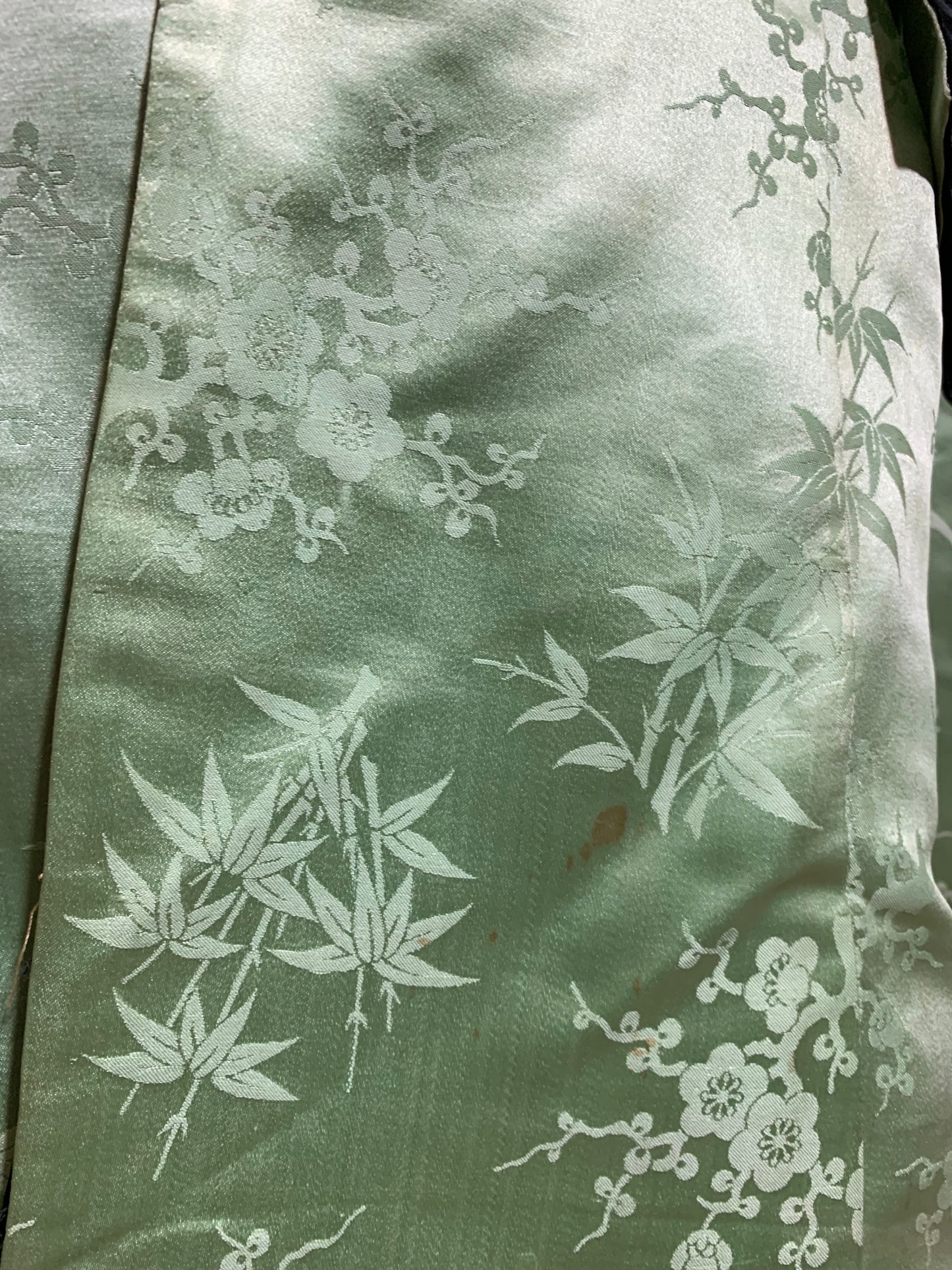 Seafoam Chinese Silk and Black Silk Charmeuse Bell Sleeve Dressing Gown Robe circa 1940s