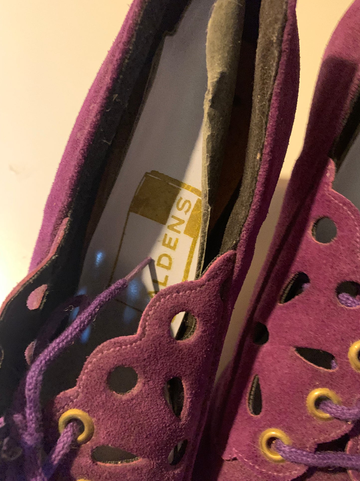 Purple Suede Chunky Heel Shoes with Cut Work Design circa 1970s US 8N