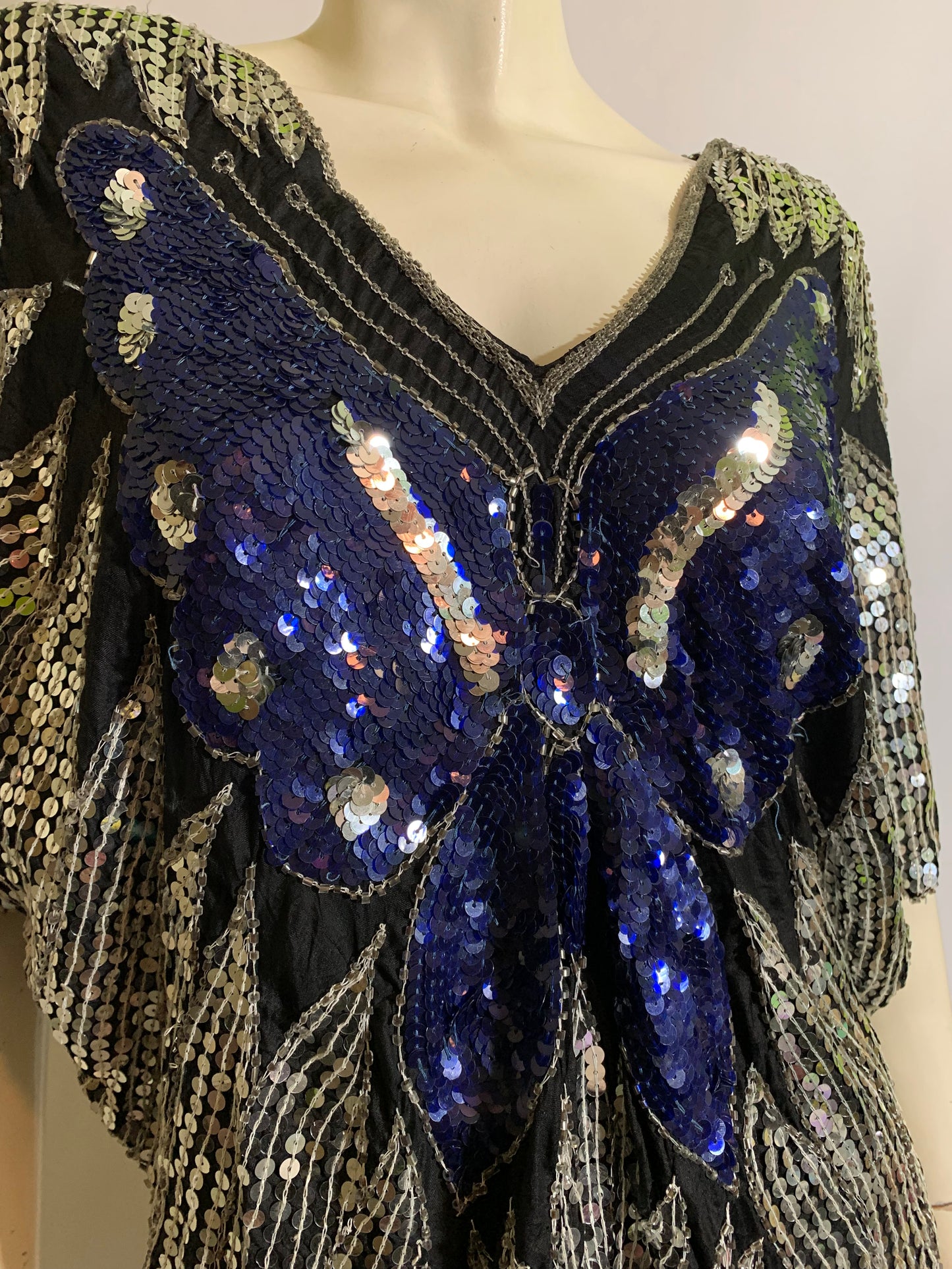 Silver and Blue Disco Butterfly Sequined Silk Top circa 1970s