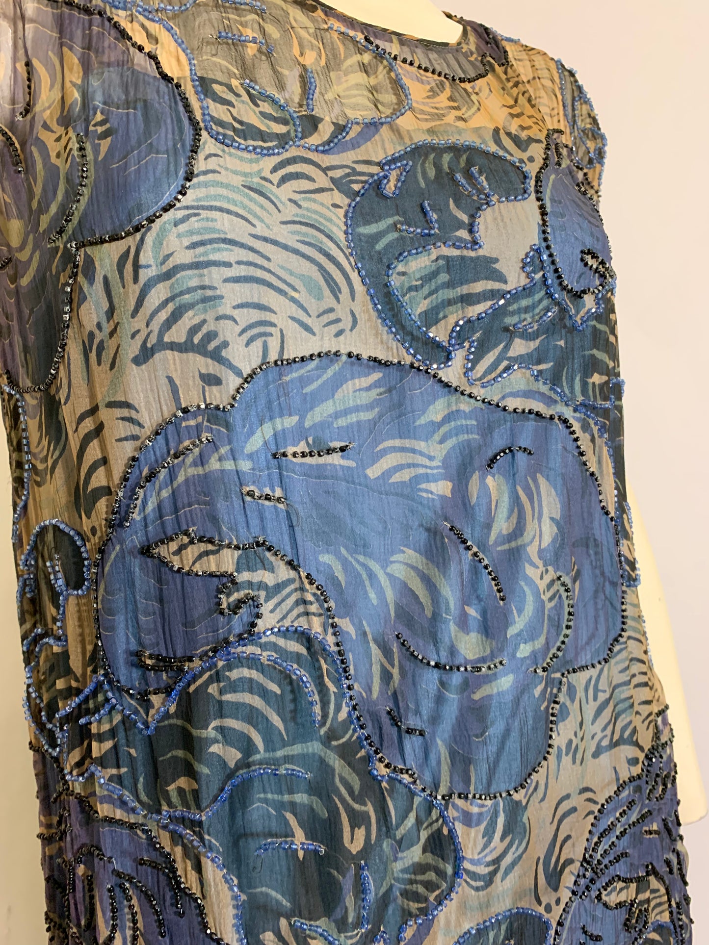 Vivid Blue Feather Plume Print Beaded Silk Chiffon Dropped Waist Dress circa 1920s