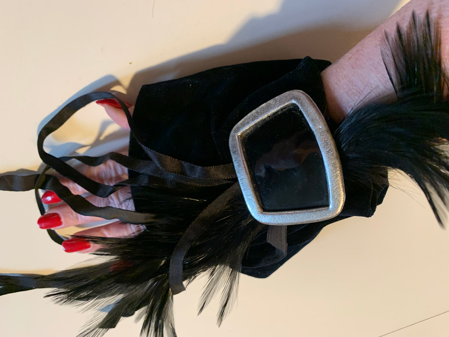 In Dulce Decorum Reimagined Gothic Edwardian Black Velvet Wrist Cuff with Feathers and Buckle