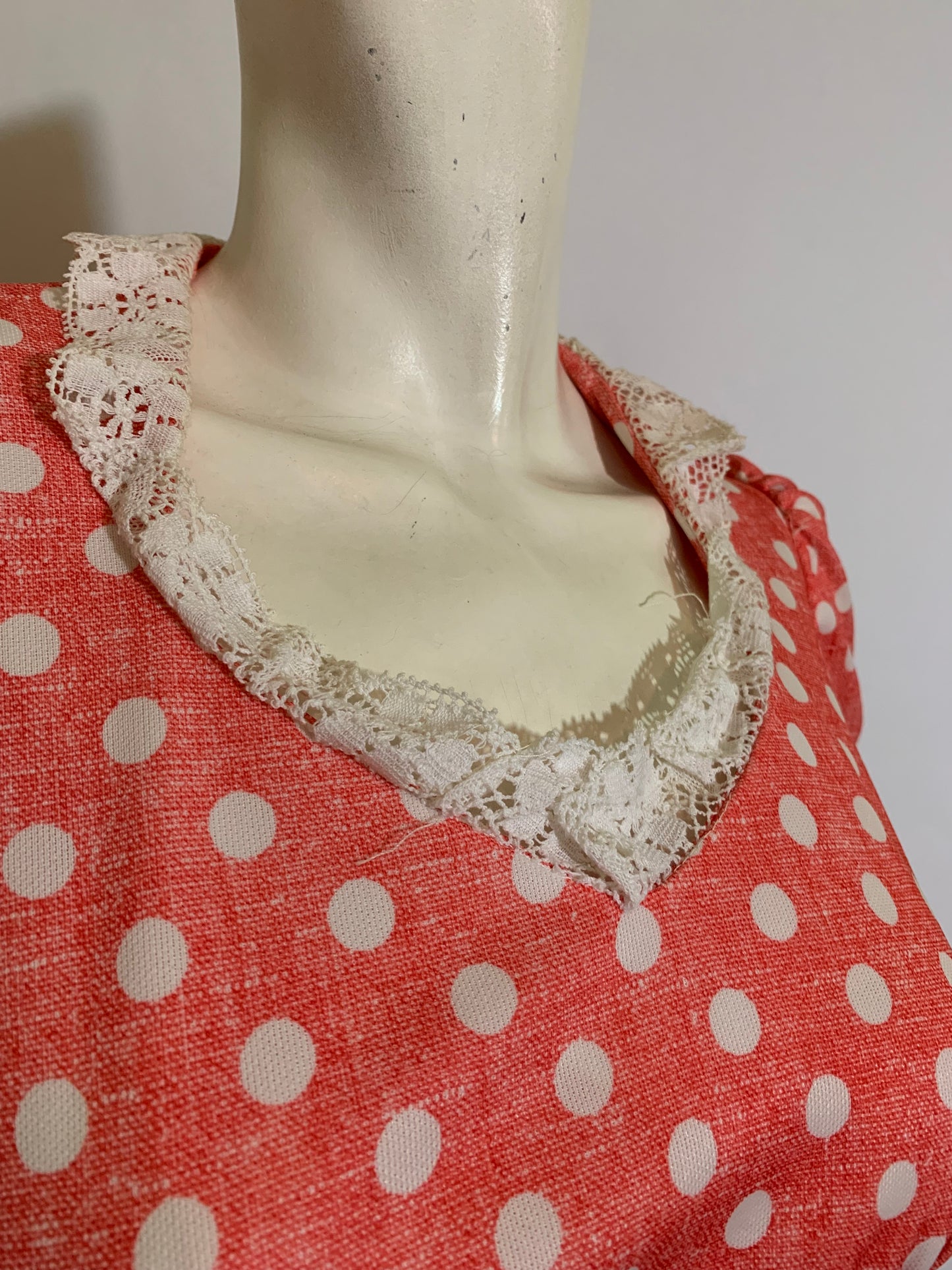 Pink and White Empire Waist Puff Sleeved Polka Dot Maxi Dress circa 1970s