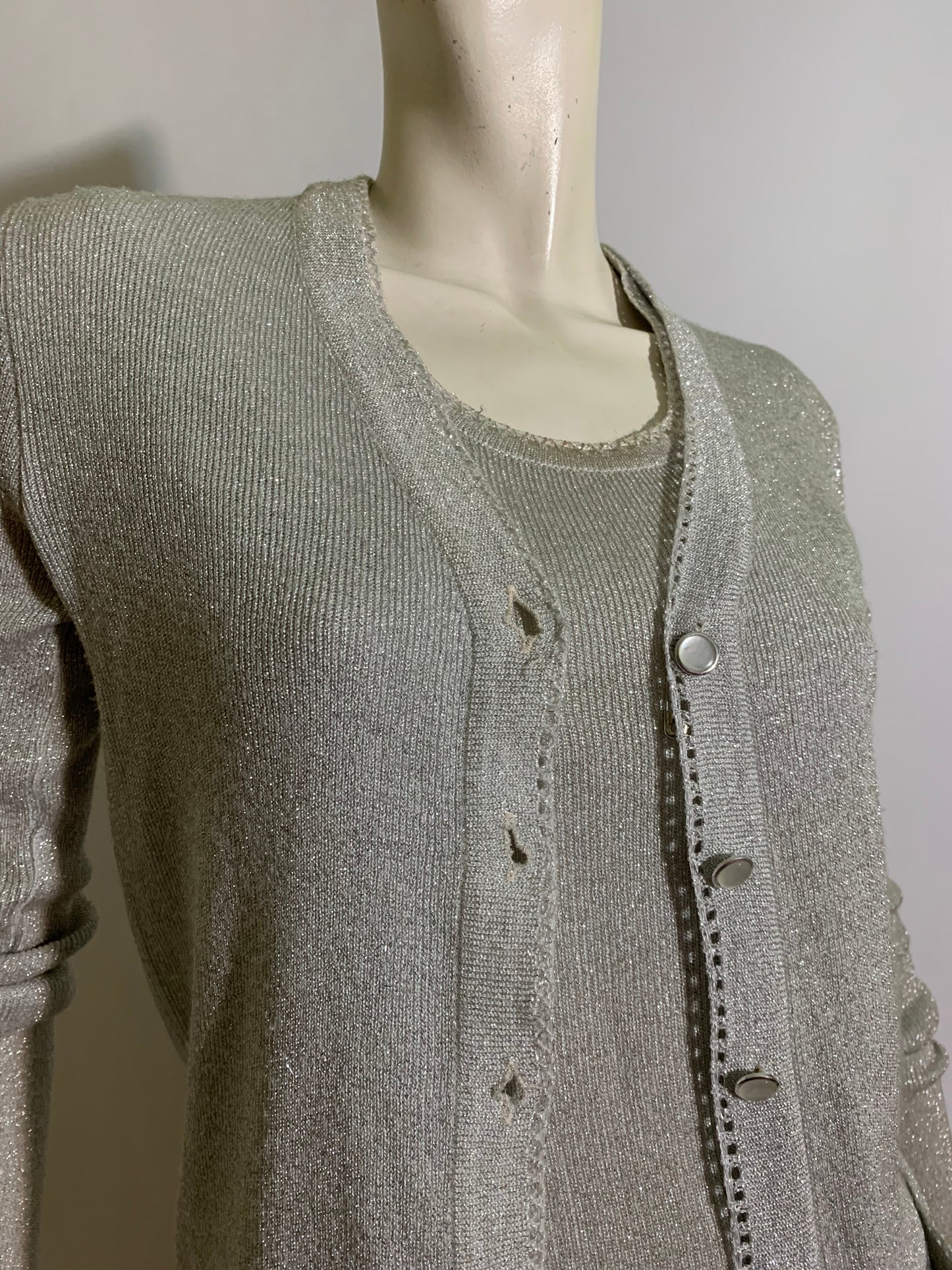 Metallic Silver Knit Cardigan and Sleeveless Shell Twinset circa 1970s