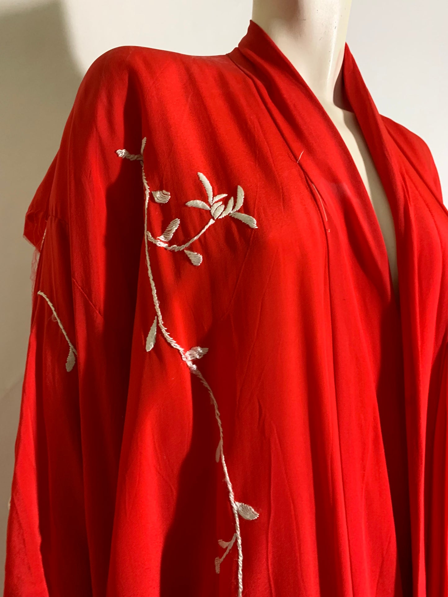 Red Rayon Kimono with White Flowers and Birds Embroidery circa 1970s
