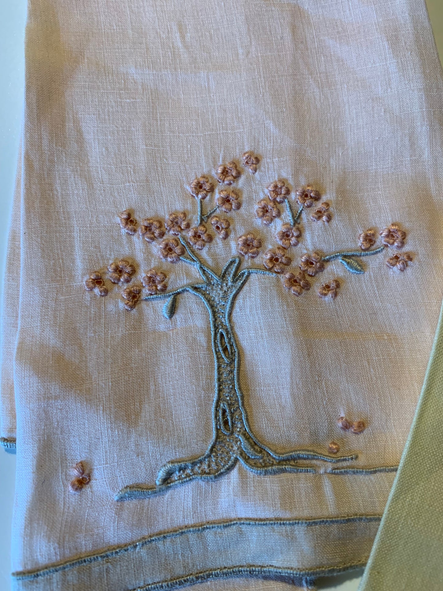 French Knot Flower and Tree Designed Handkerchiefs Lot 2 circa 1940s