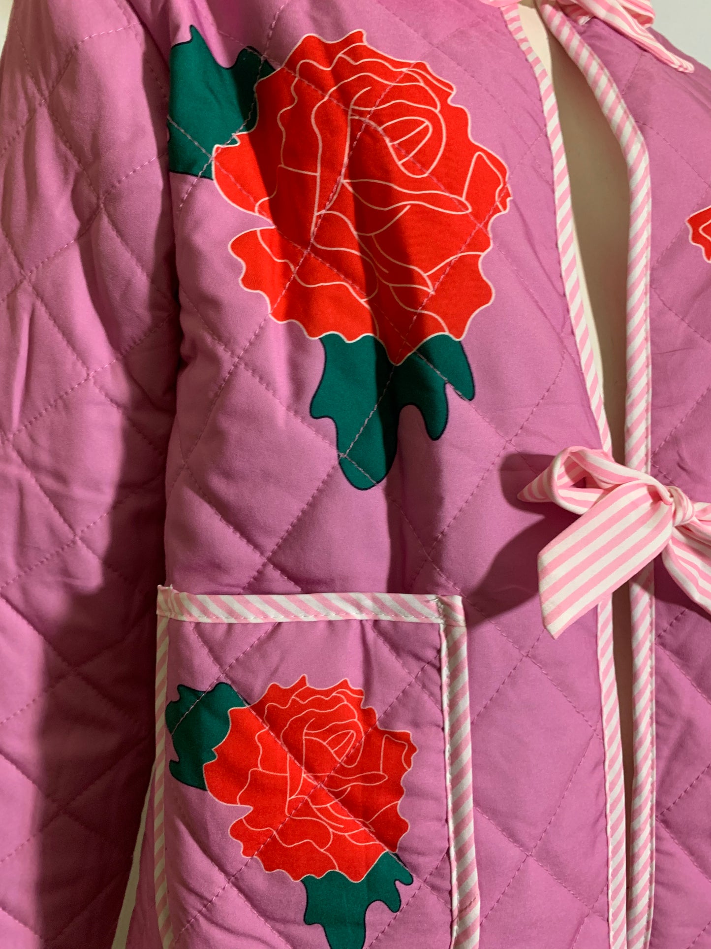 Roses are Red Pink Quilted Jacket with Roses and Gingham Ties Modern