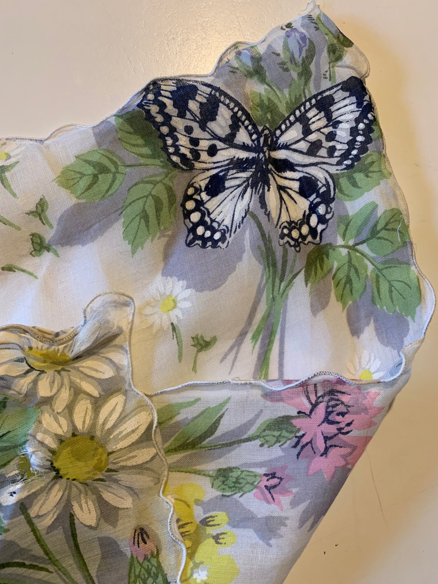 Butterly and Flower Print Handkerchief circa 1960s