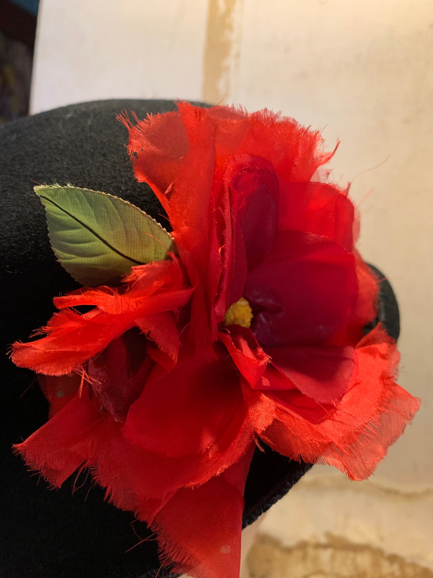Red Poppy Trimmed Black Wool Hat circa 1940s