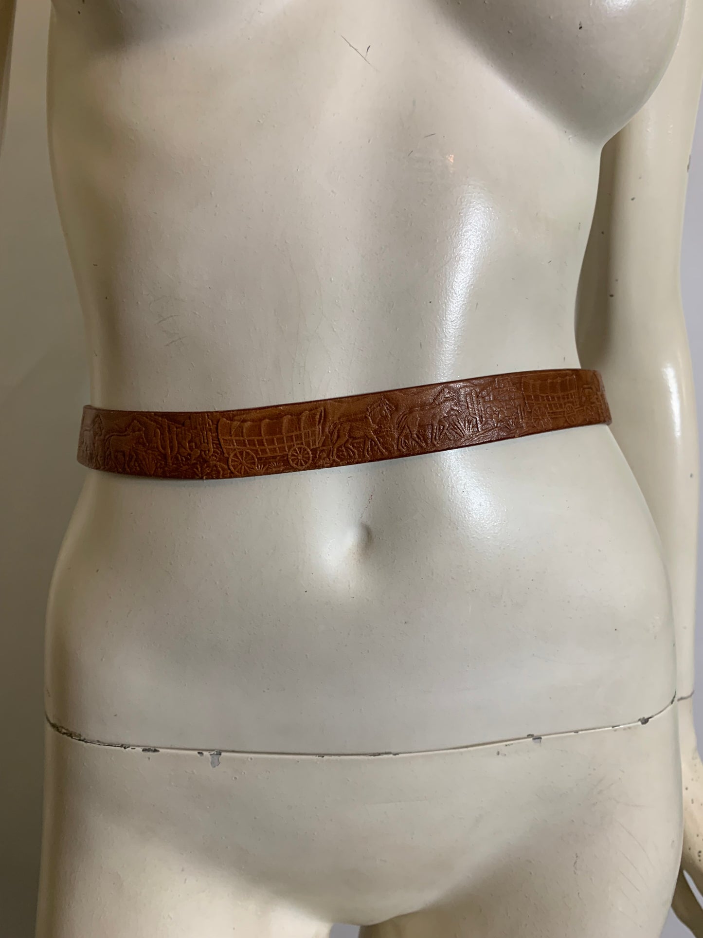 Iconic Tooled Western Leather Belt with Red Rhinestone on Cowboy with Horse circa 1950s
