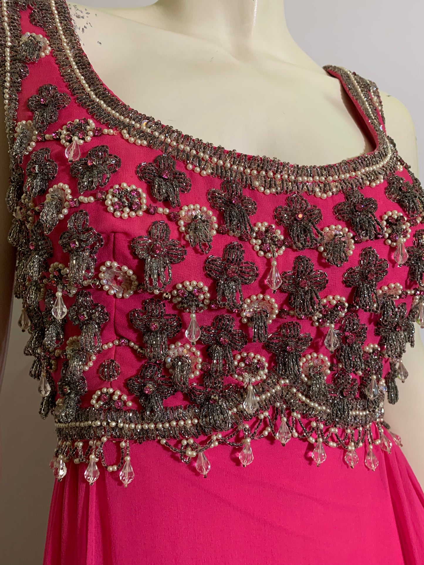 Shocking Pink Empire Waist Beaded Silk Chiffon Dress circa 1960s