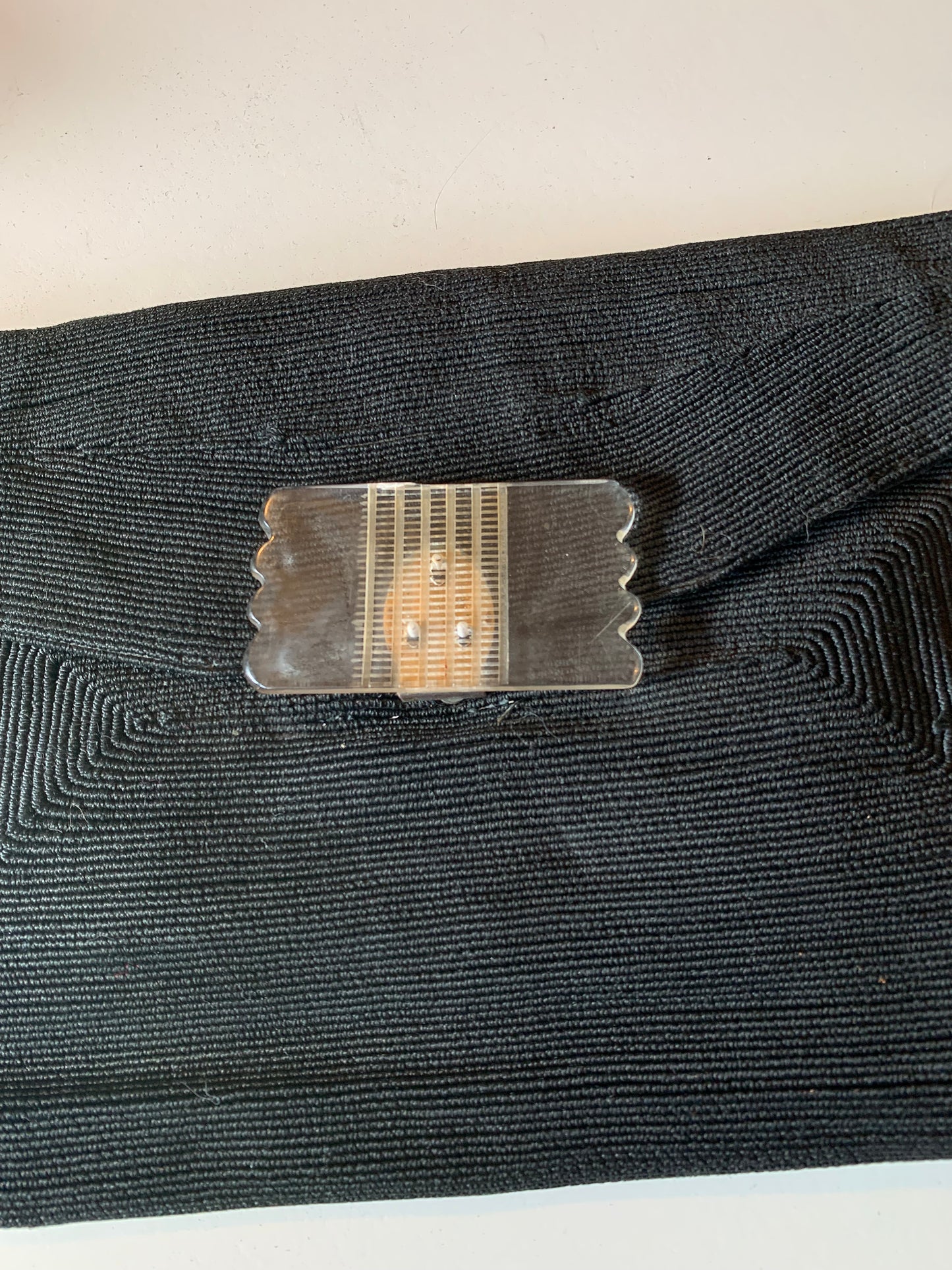 Black Cordé Style Envelope Handbag with Lucite Folding Clasp circa 1940s