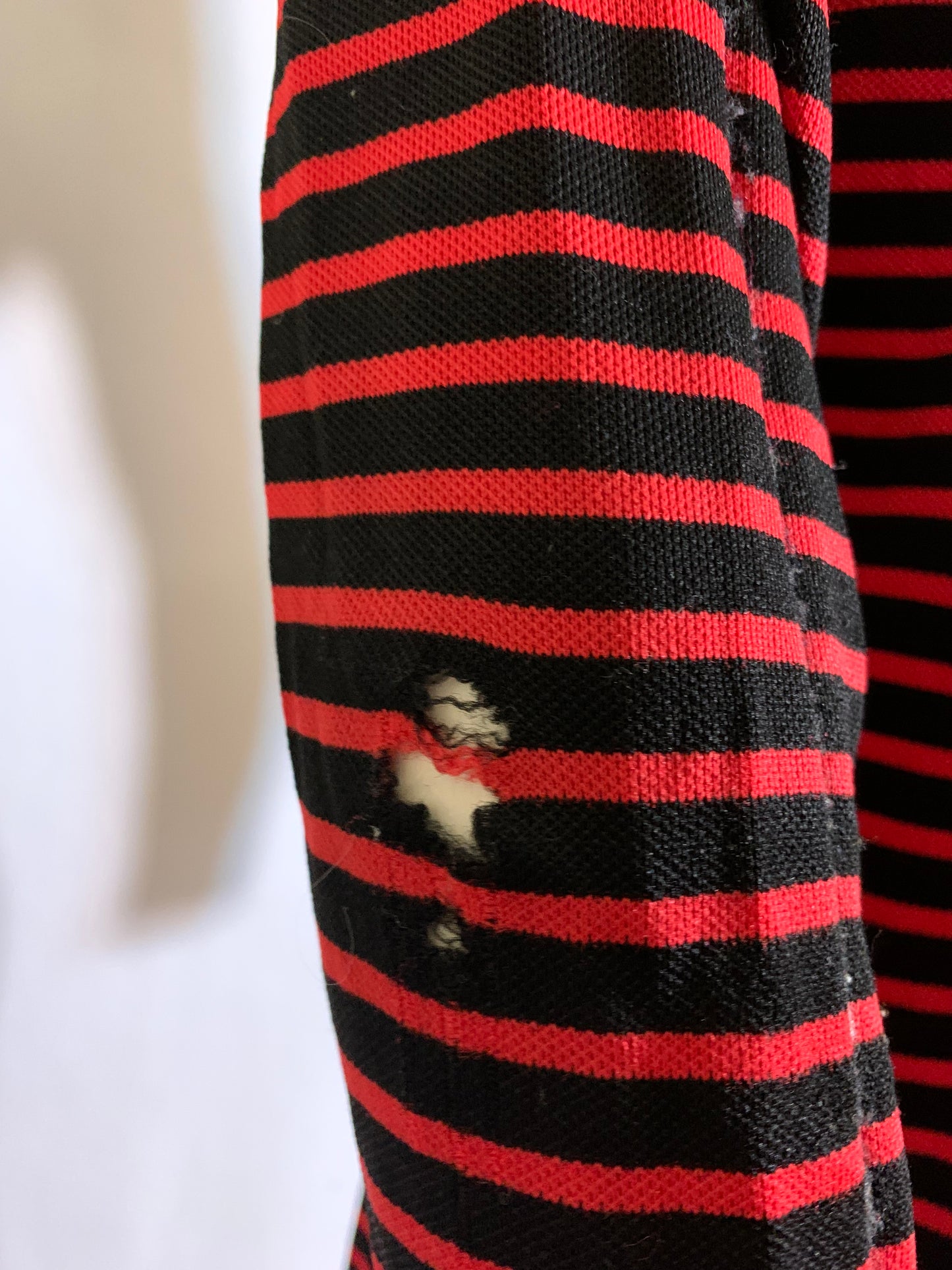 Red and Black Striped Poly Knit Long Sleeved Shirt Dress circa 1970s