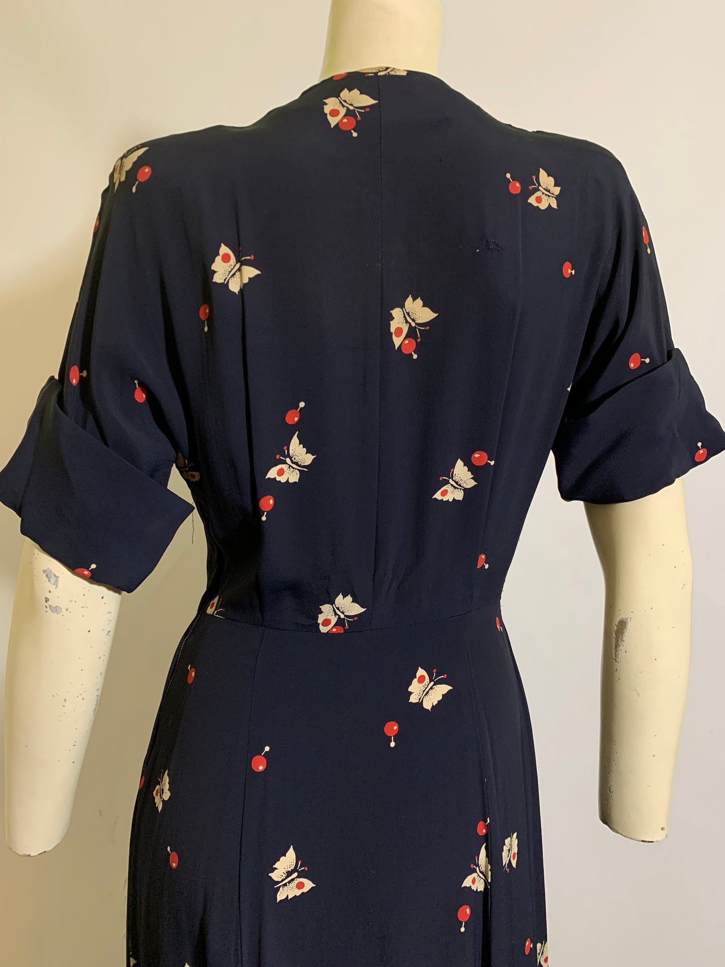 Currants and Butterflies! Deep Blue Rayon Surplice Bodice Dress circa 1940s