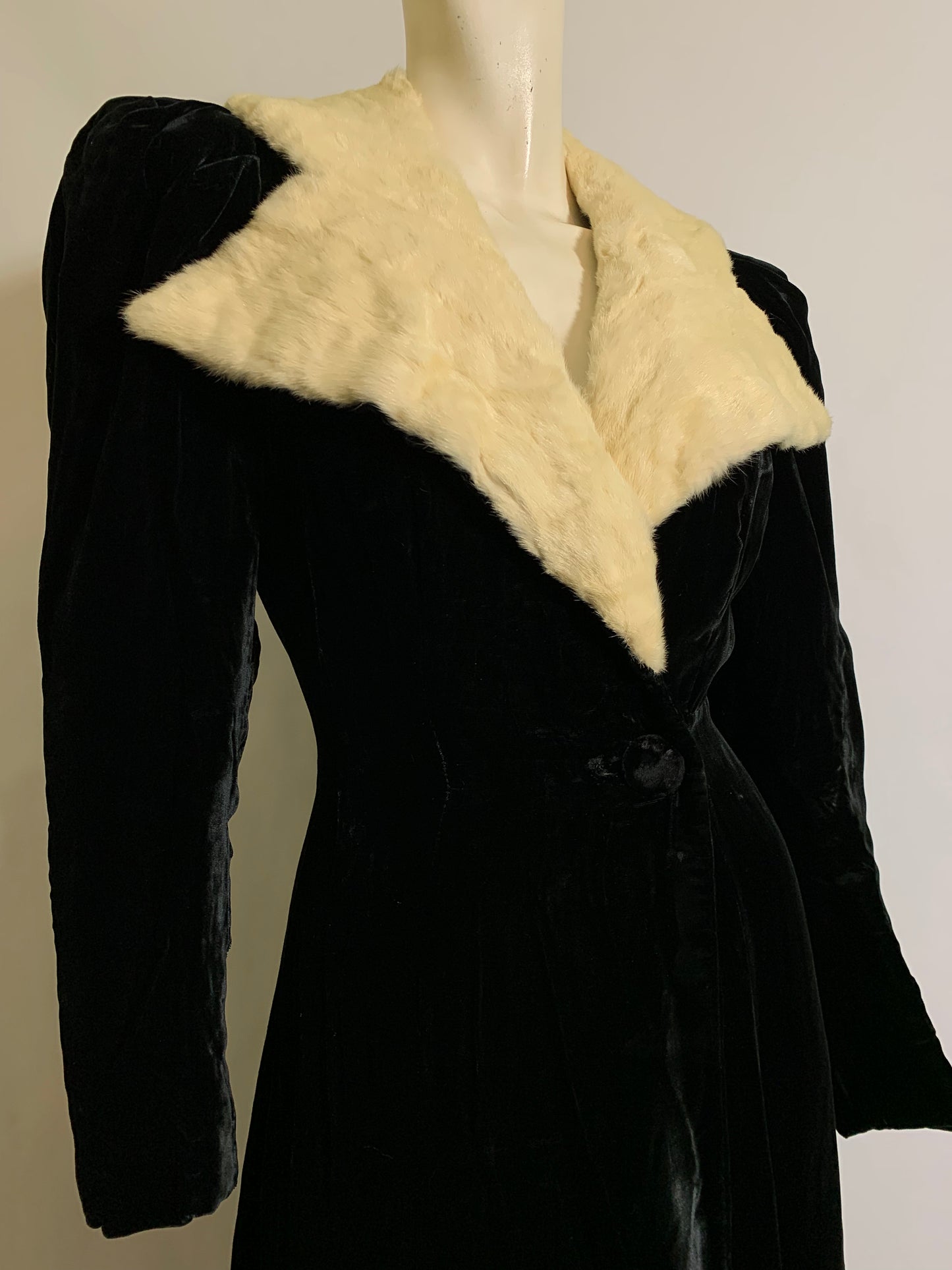 Iconic Black Velvet Princess Line Opera Coat with Ermine Collar circa 1930s