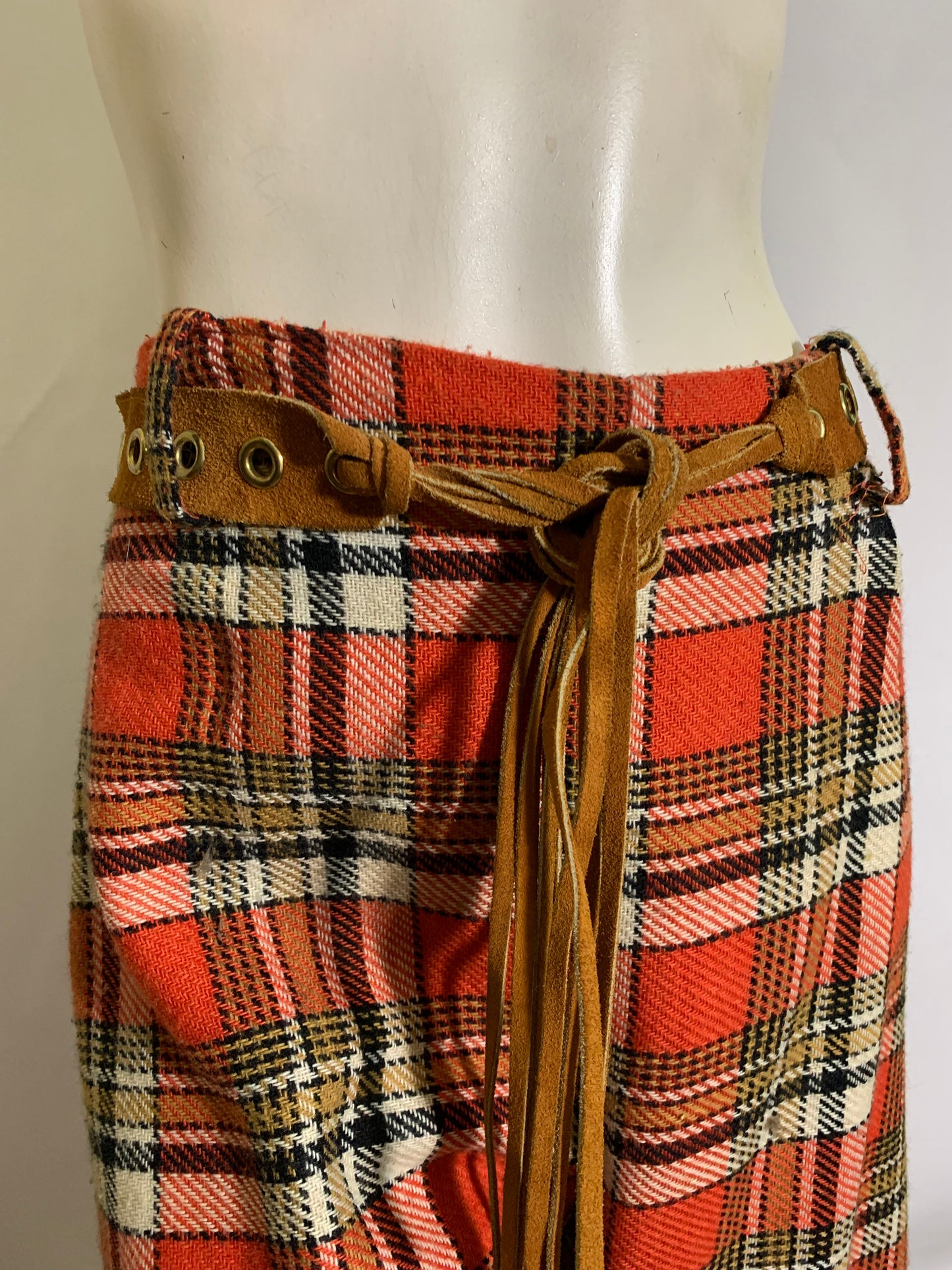 Cinnamon and Green Plaid Wool Culotte Pants with Leather Belt circa 1970s